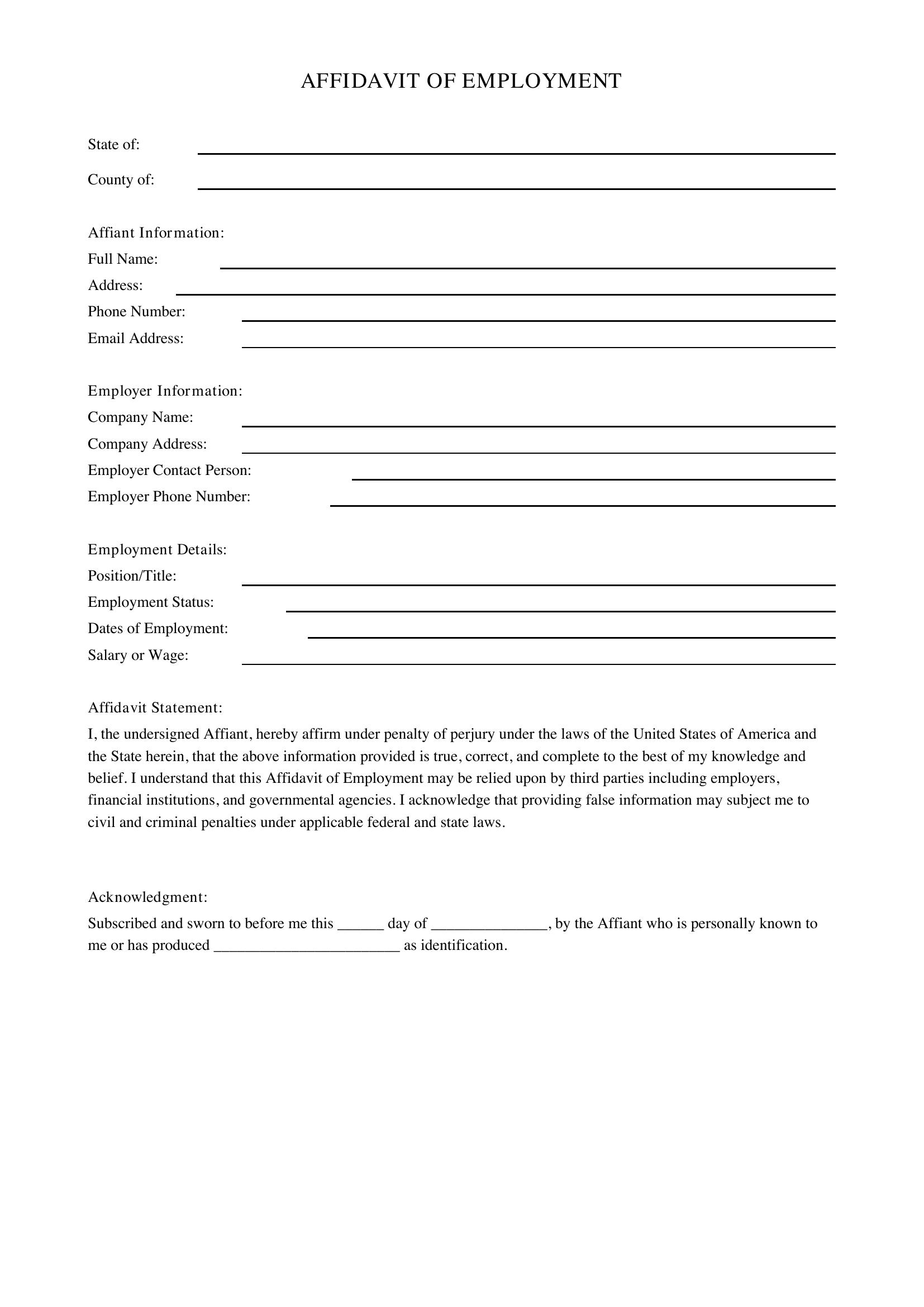 Affidavit Of Employment Template