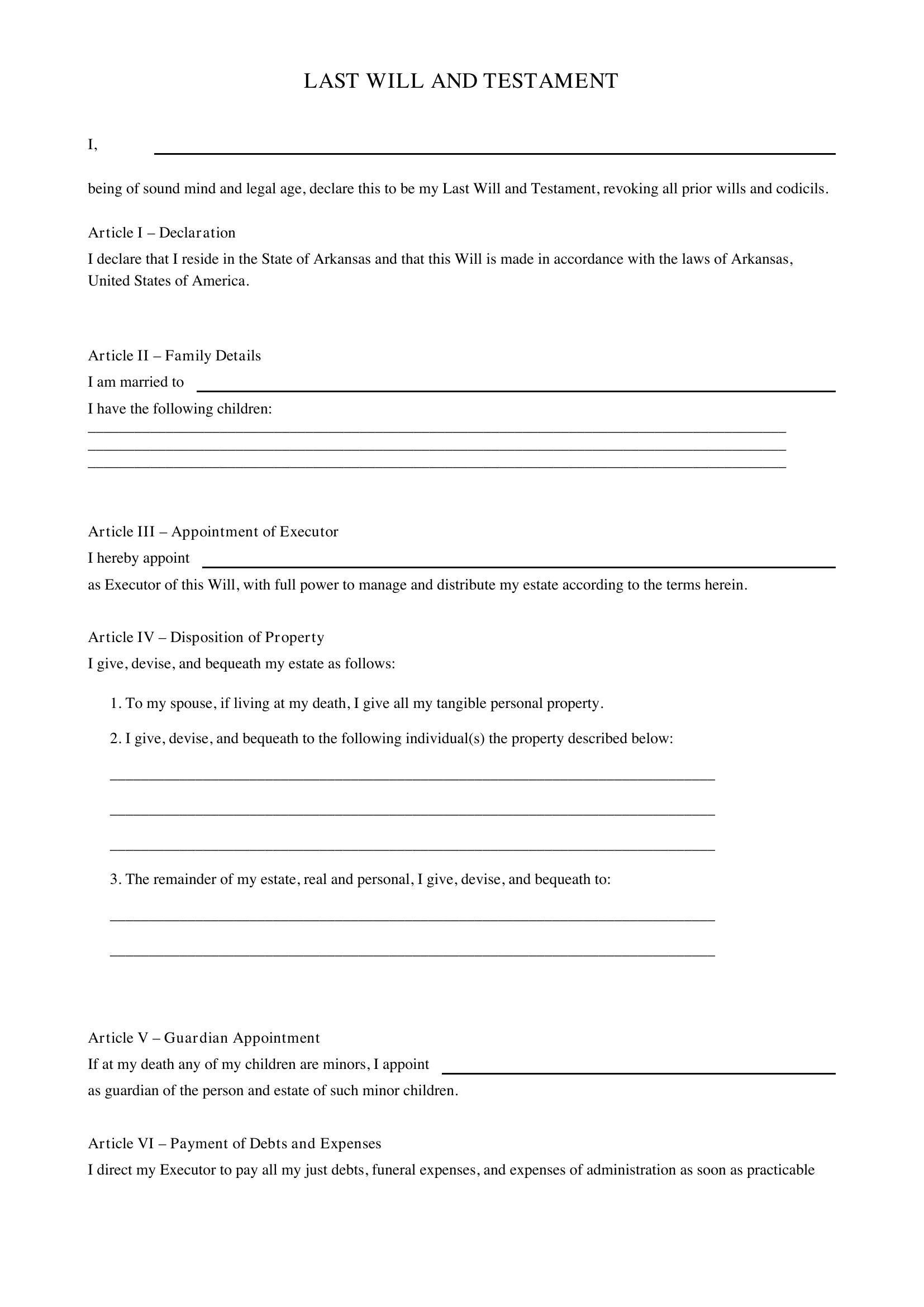 Arkansas Will Template