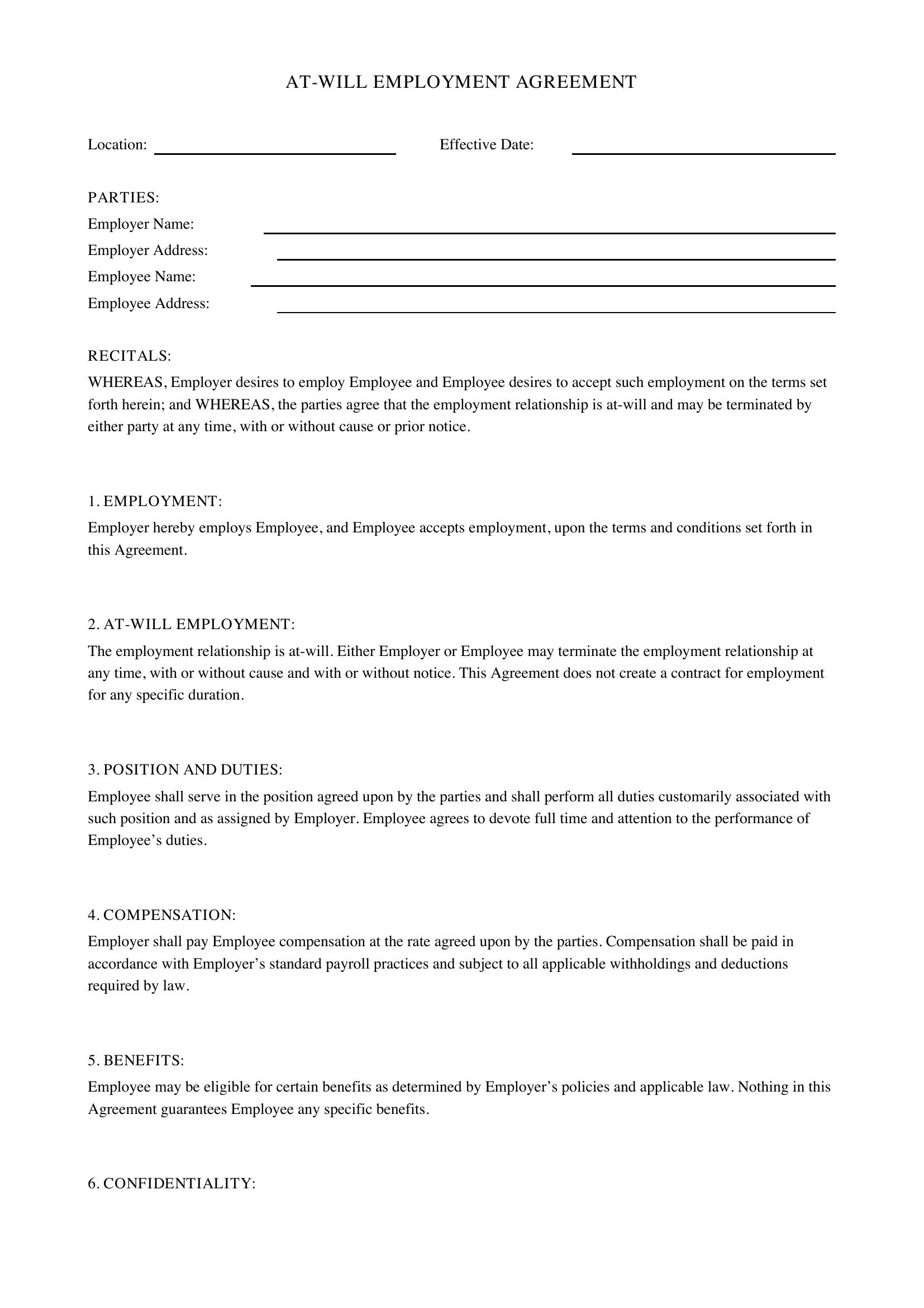 At-Will Employment Agreement Template