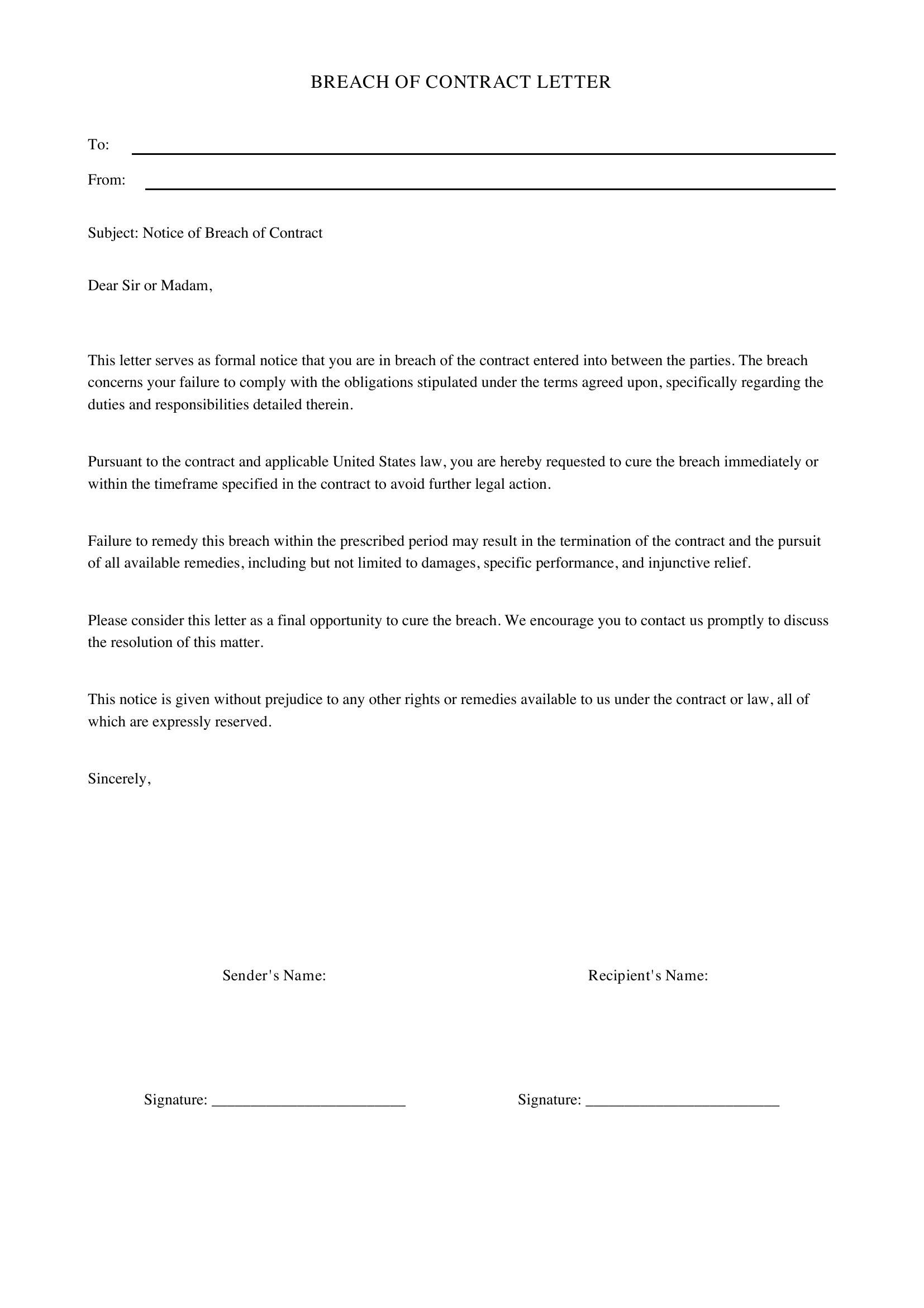 Breach Of Contract Letter Template