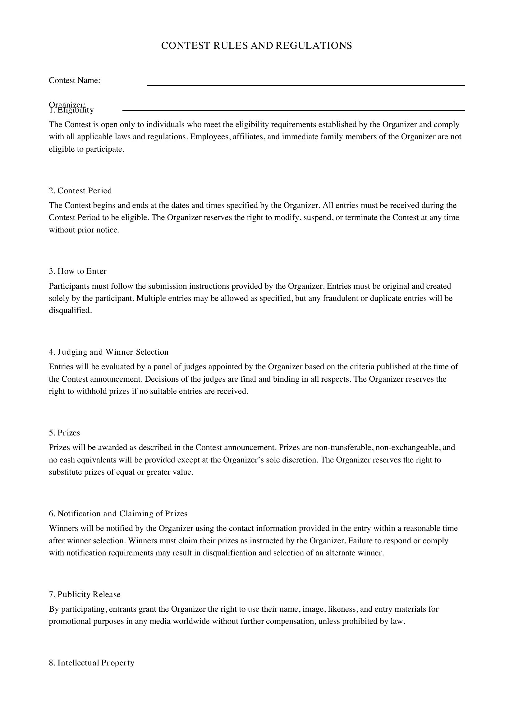 Contest Rules And Regulations Template