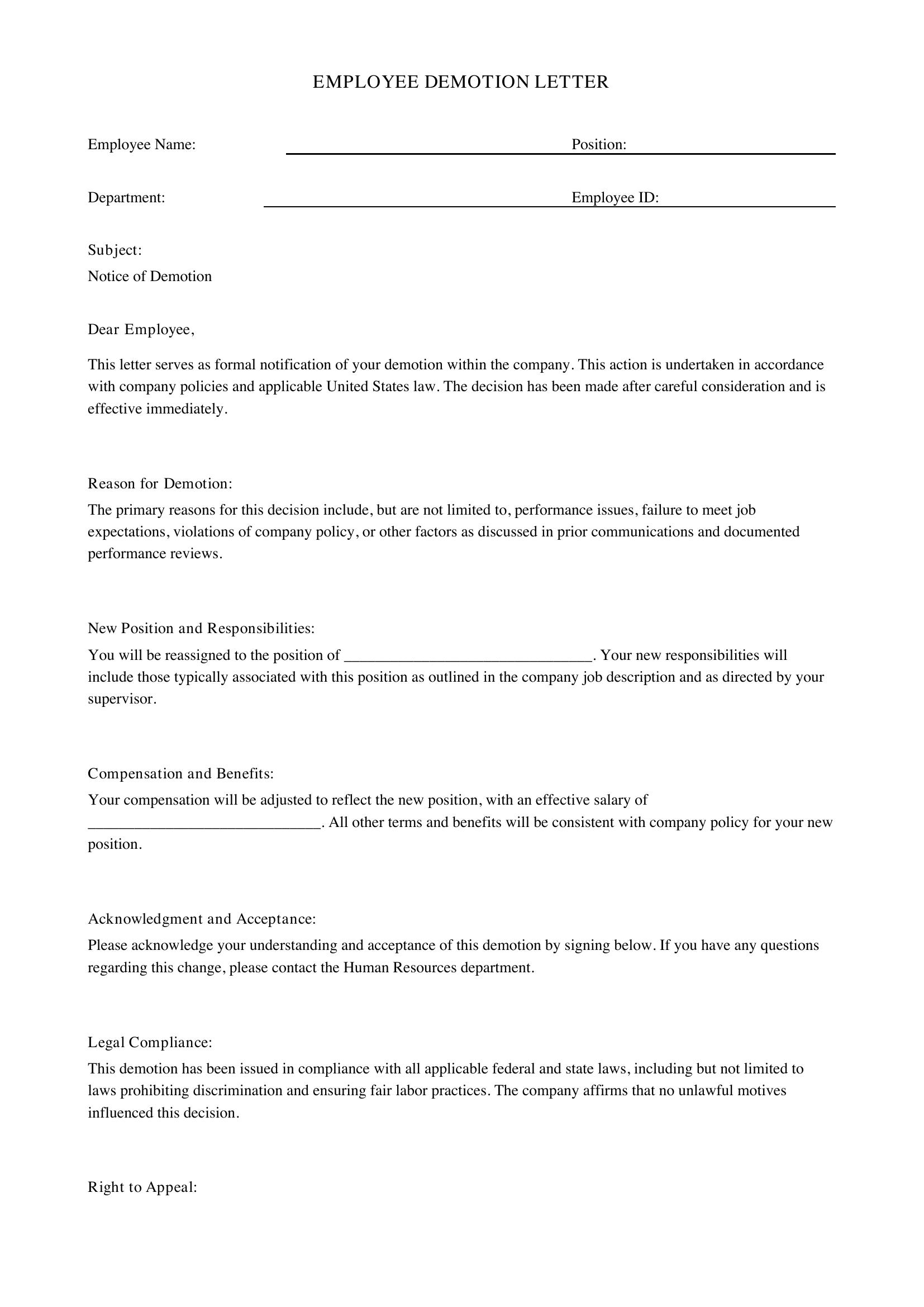 Demotion Letter Template