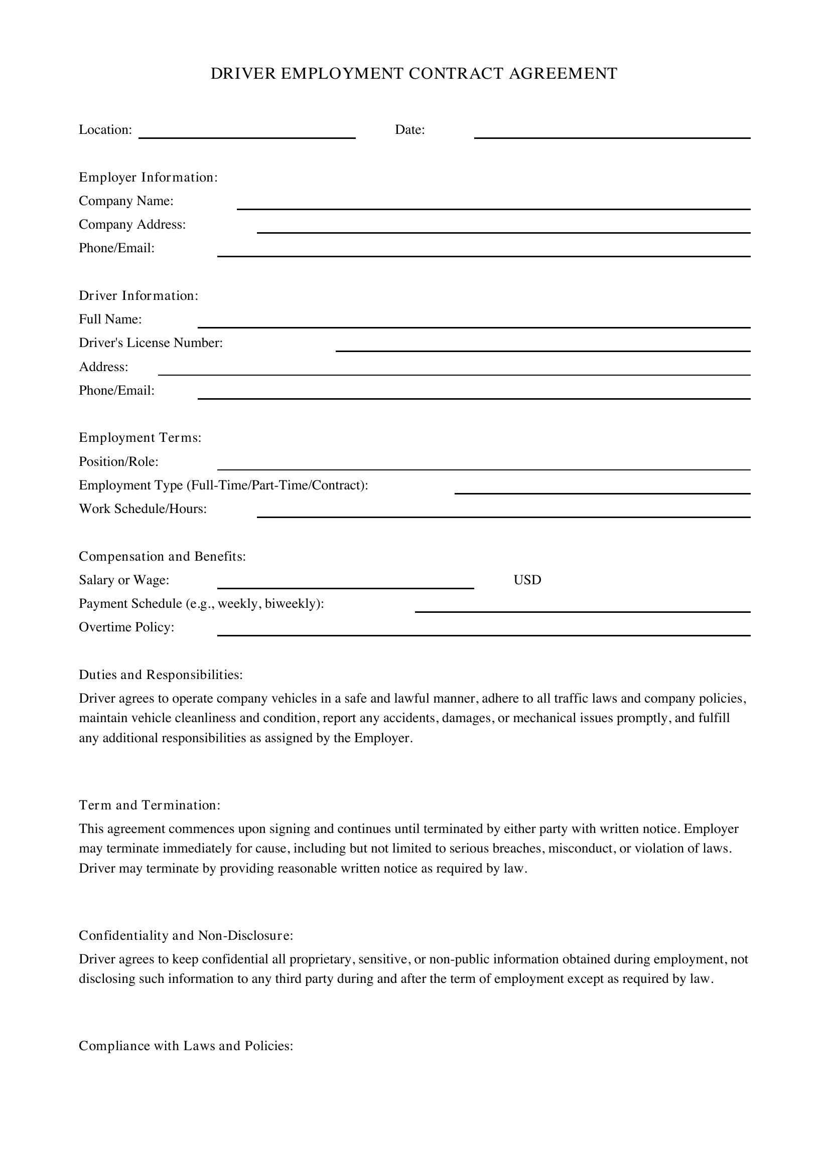 Driver Contract Template