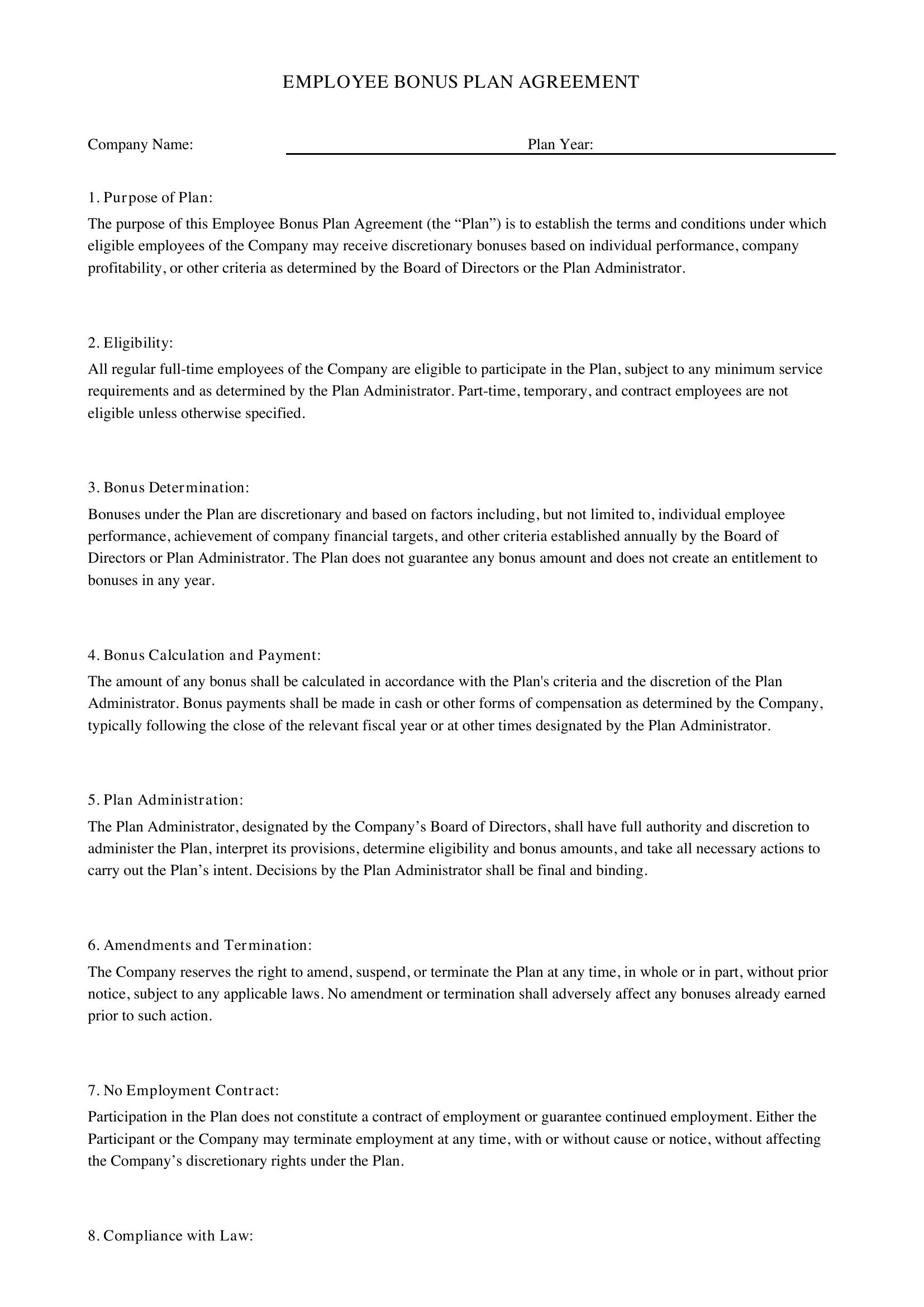 Employee Bonus Plan Template