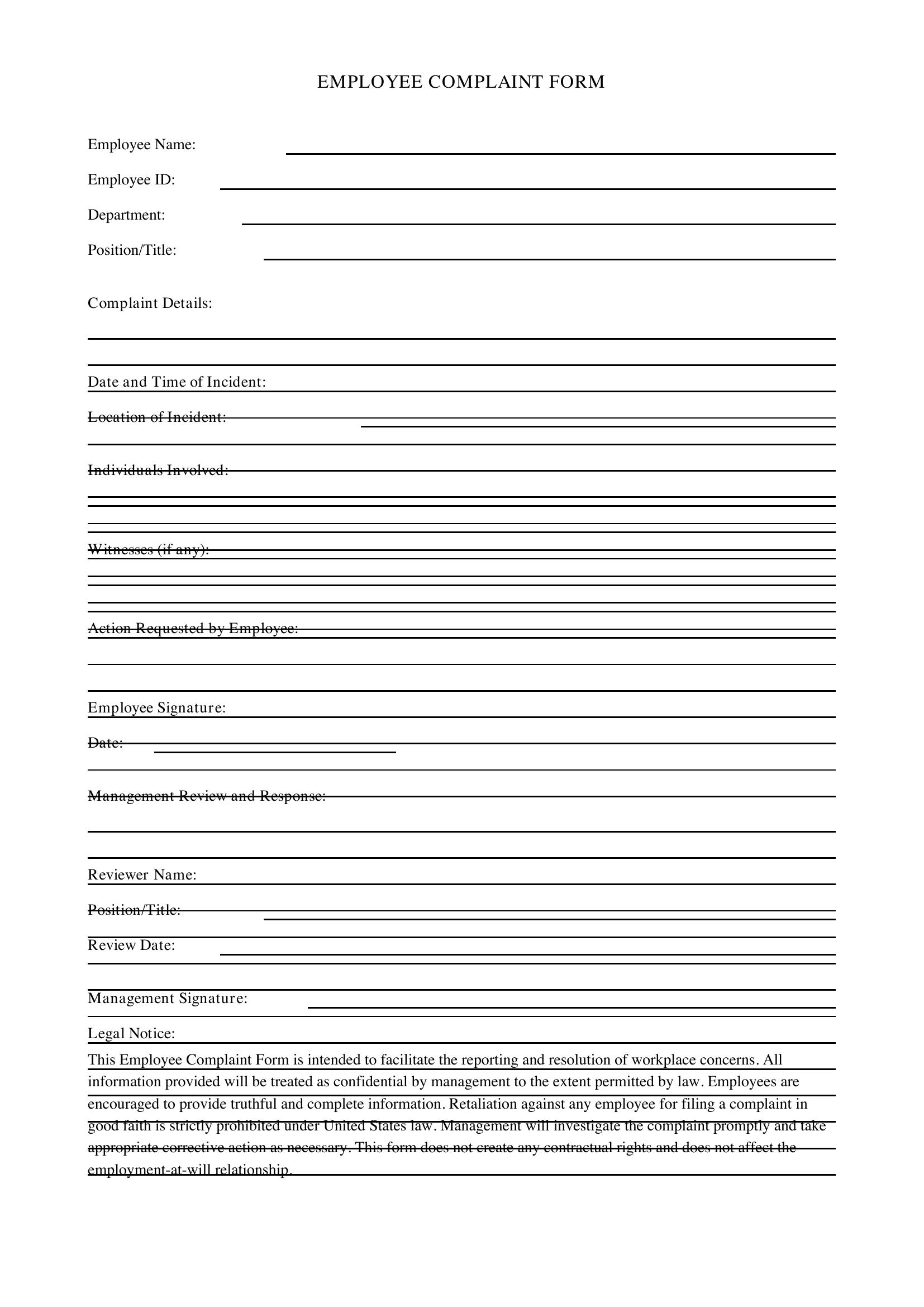 Employee Complaint Form Template