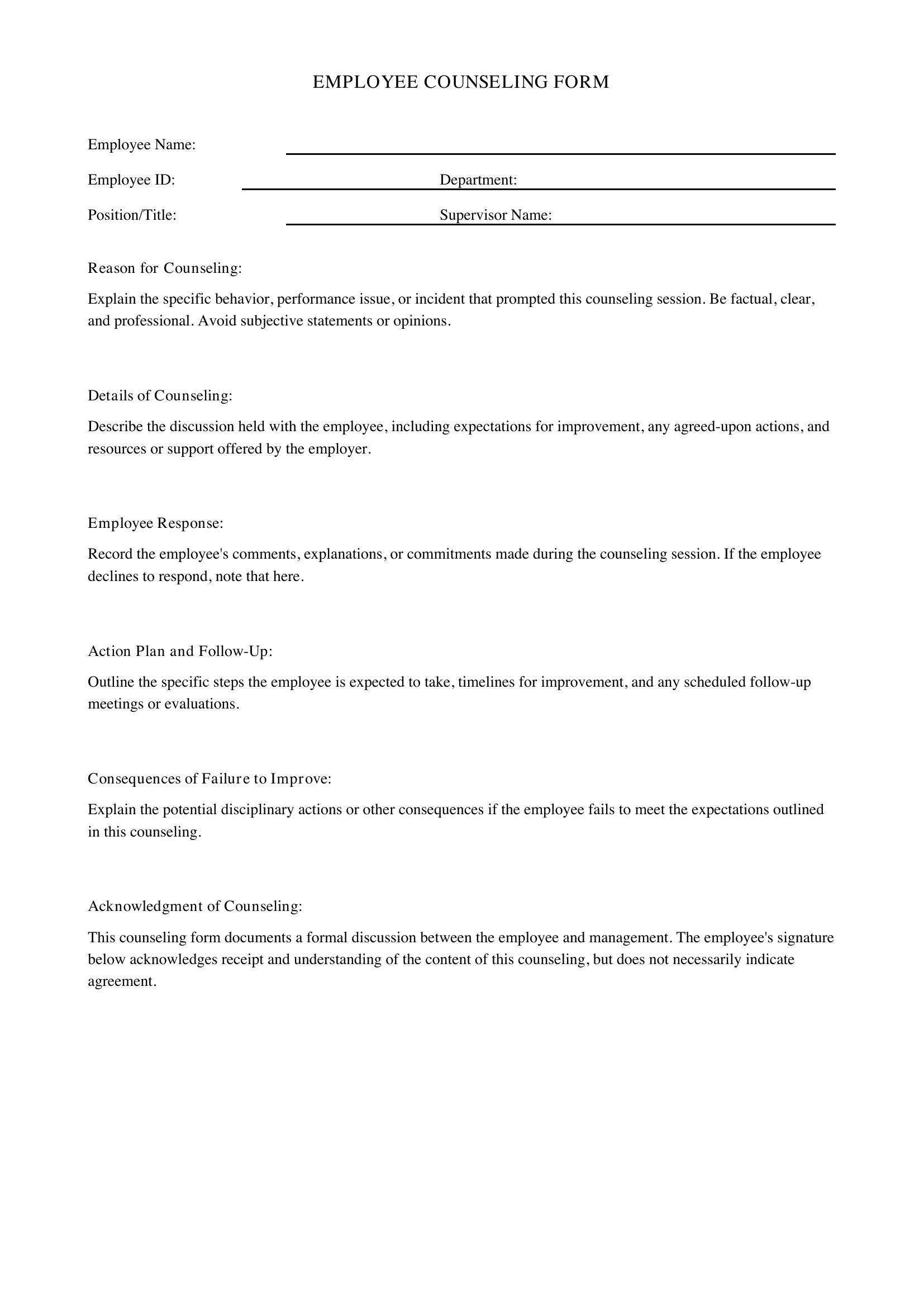 Employee Counseling Form Template