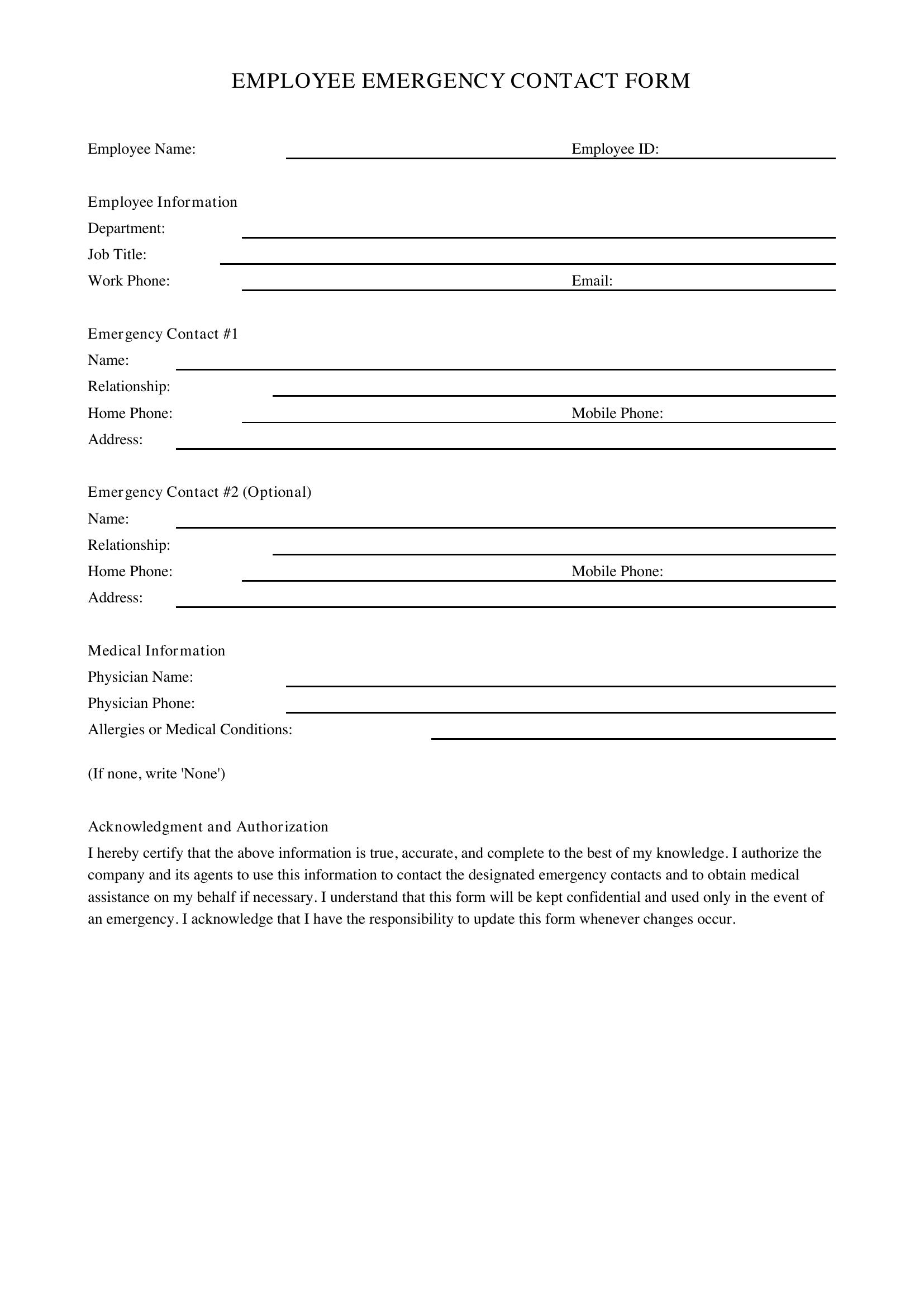 Employee Emergency Contact Form Template