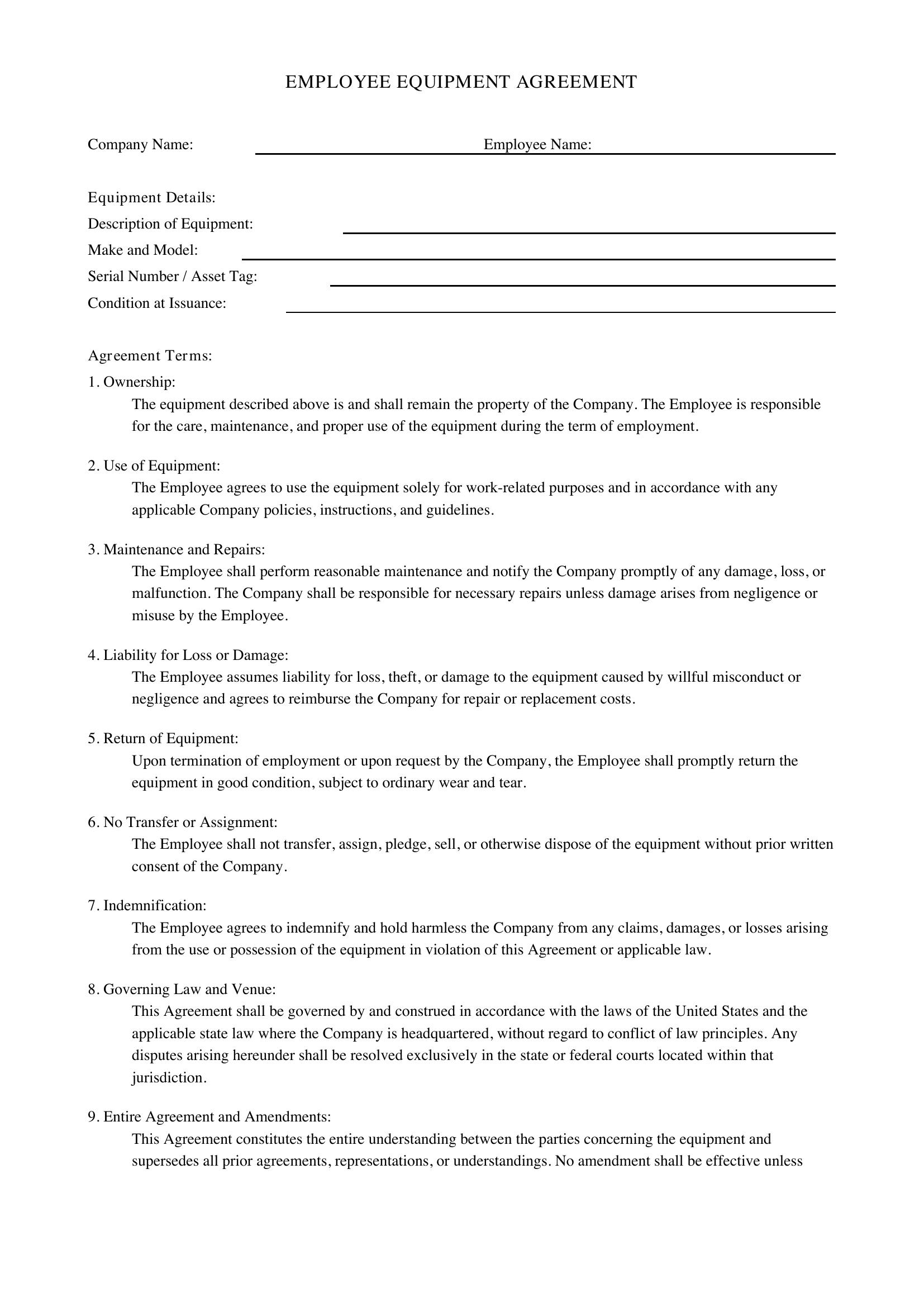 Employee Equipment Agreement Template
