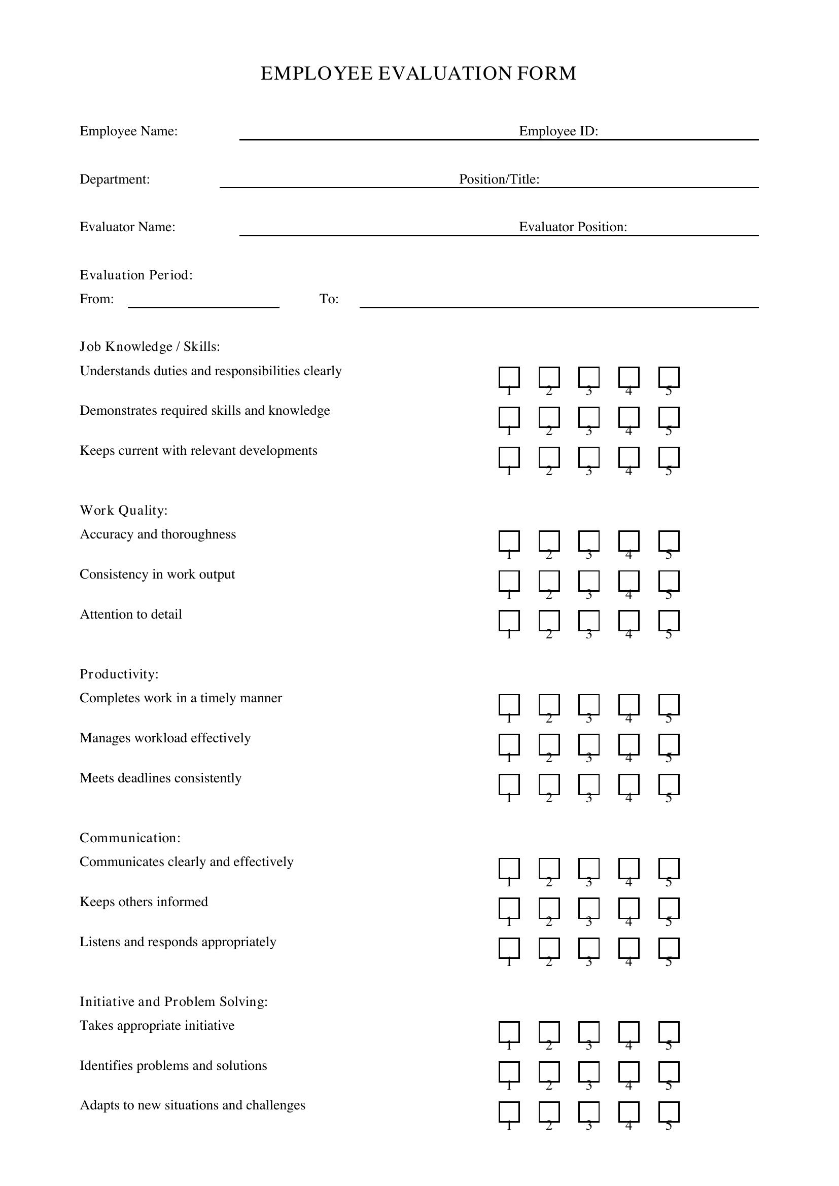 Employee Evaluation Form Template