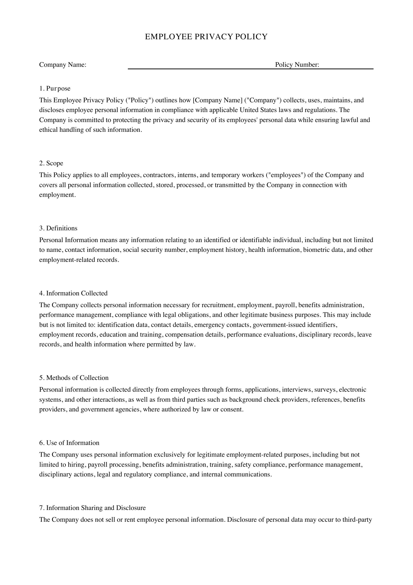 Employee Privacy Policy Template