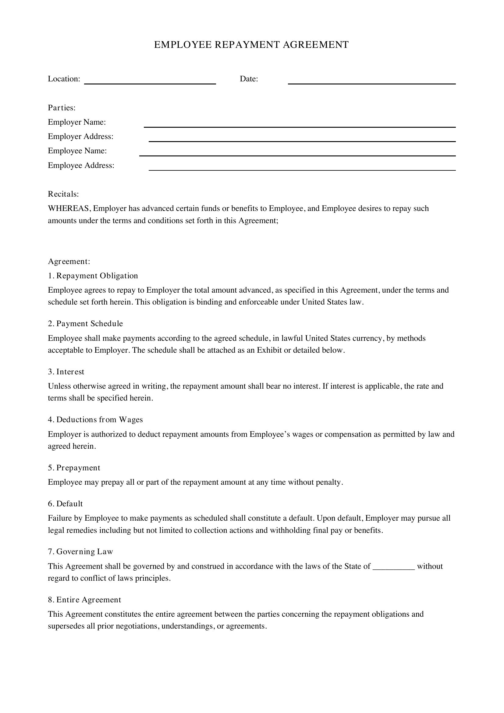 Employee Repayment Agreement Template