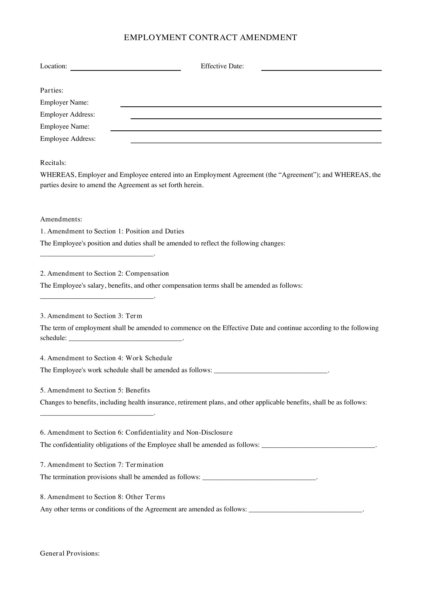 Employment Contract Amendment Template