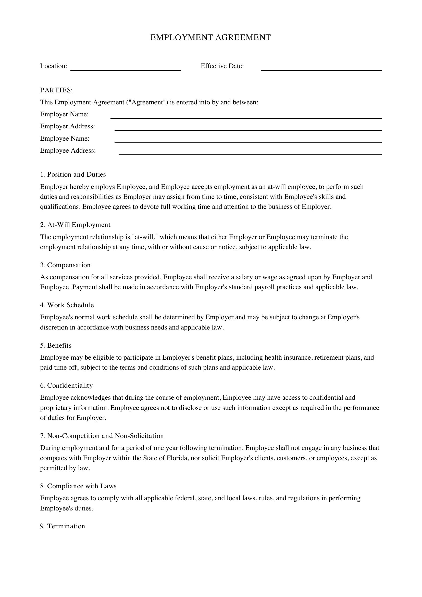 Employment Contract Template Florida