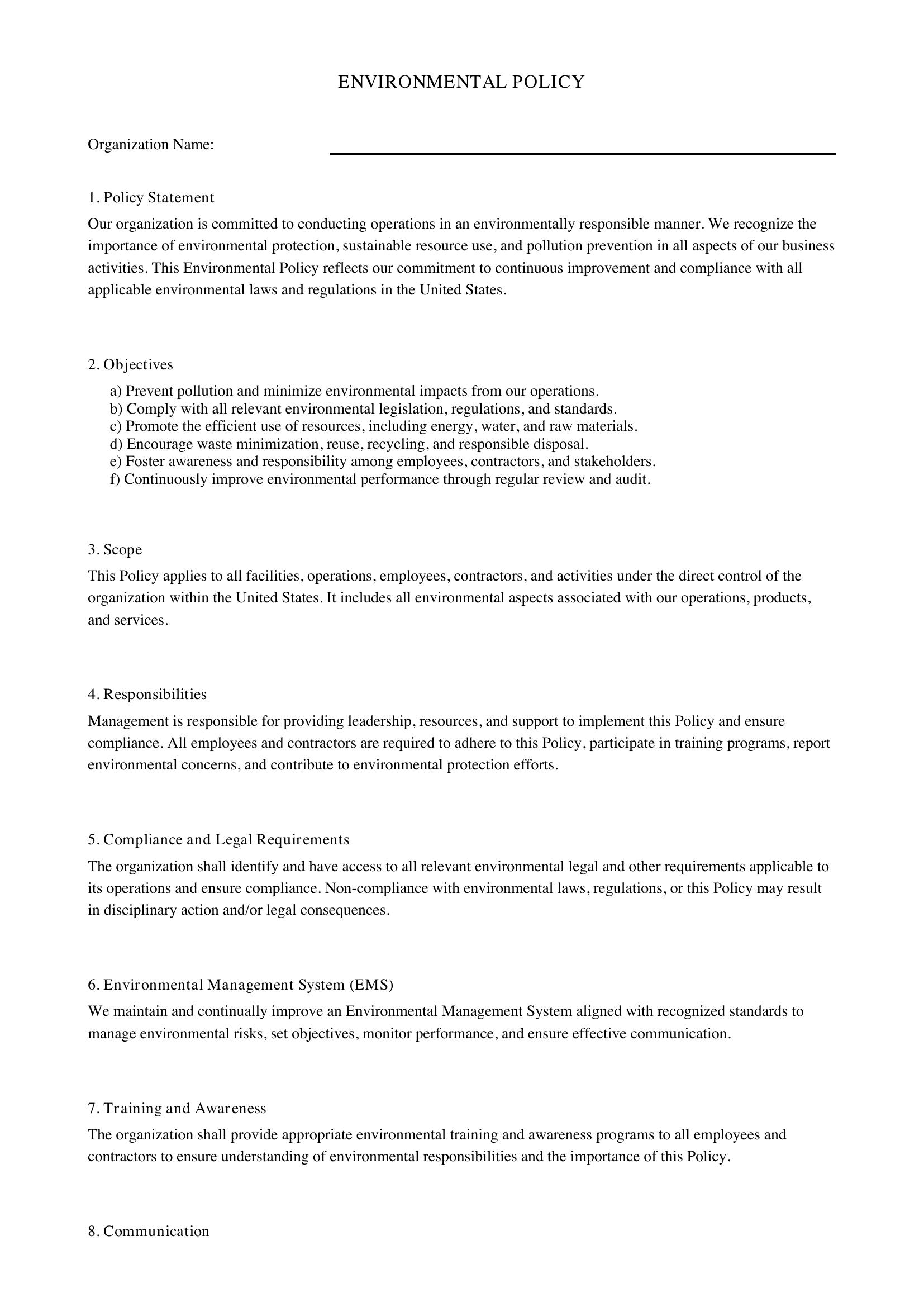 Environmental Policy Template
