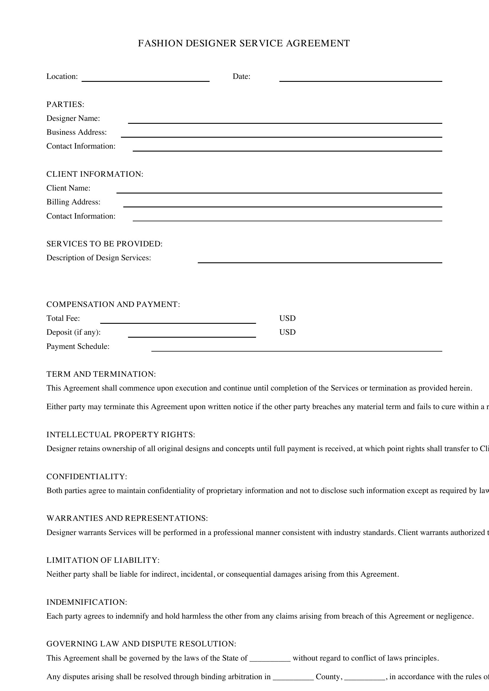 Fashion Designer Contract Template