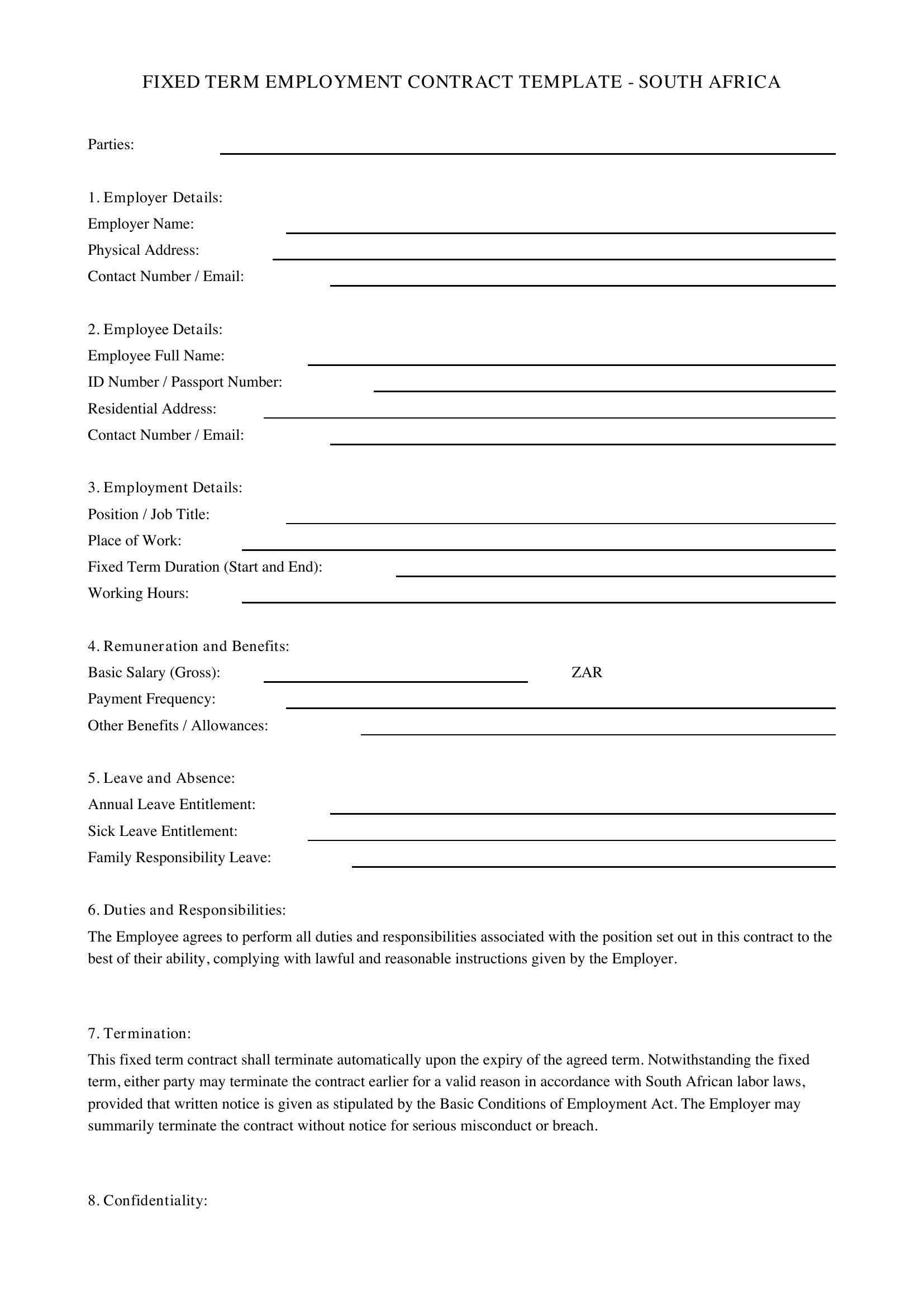Fixed Term Contract Template South Africa