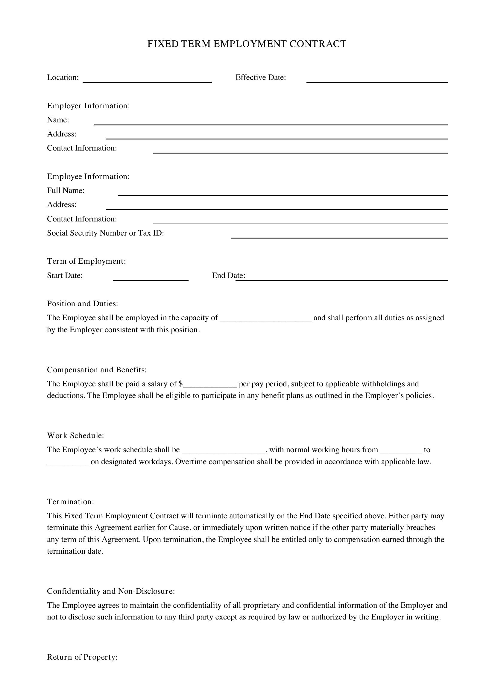Fixed Term Employment Contract Template