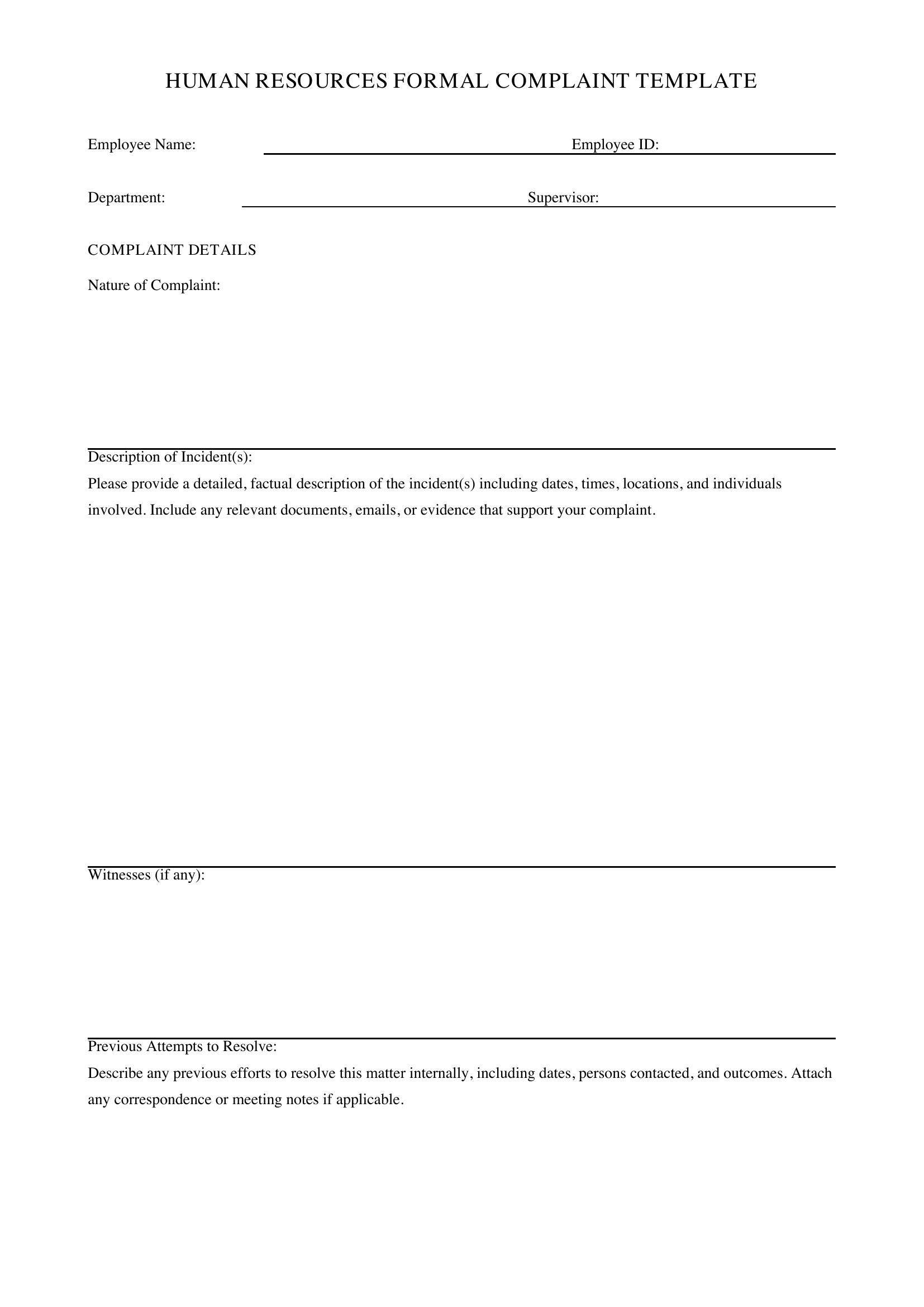 Hr Complaint Template