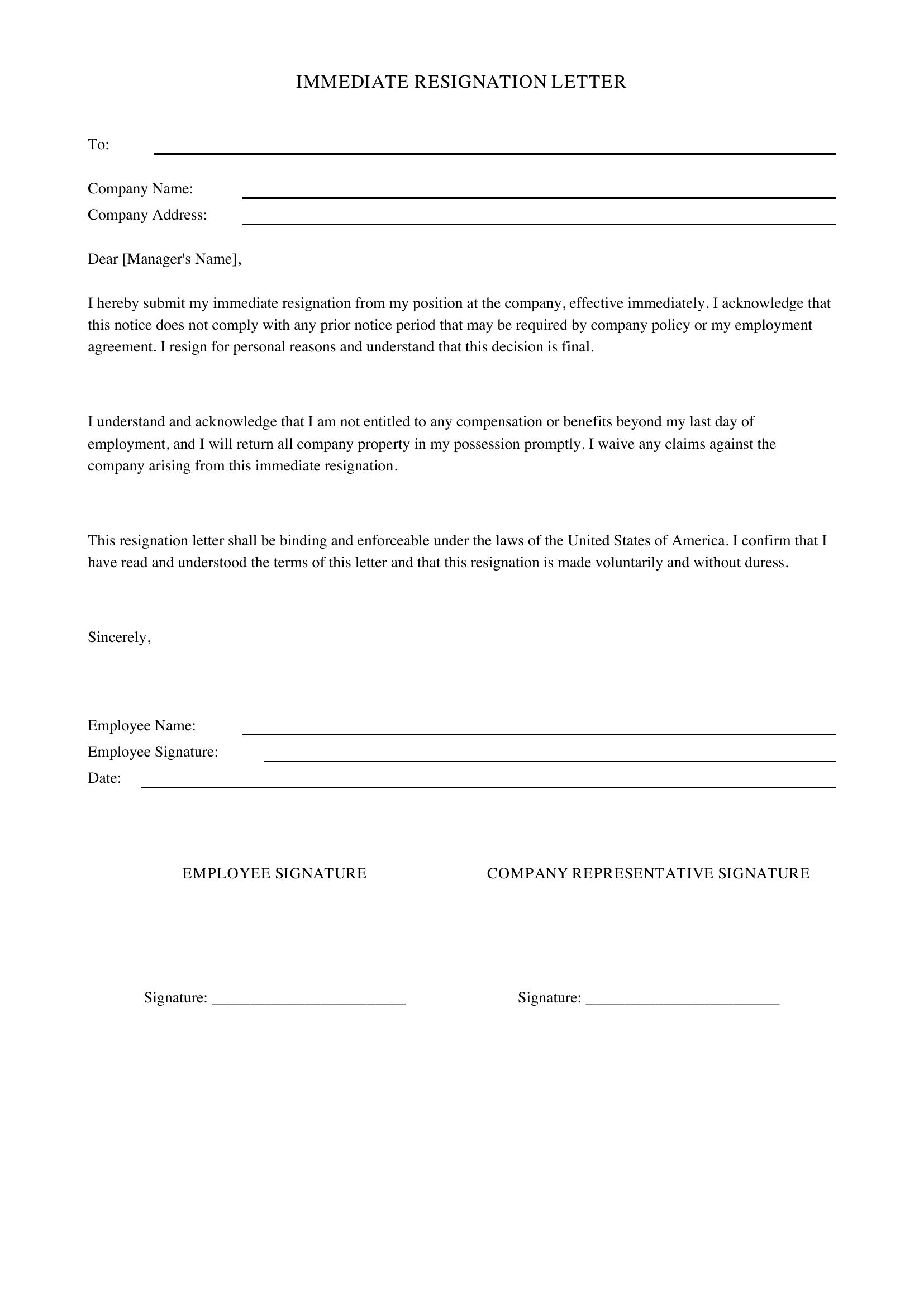 Immediate Resignation Letter Template