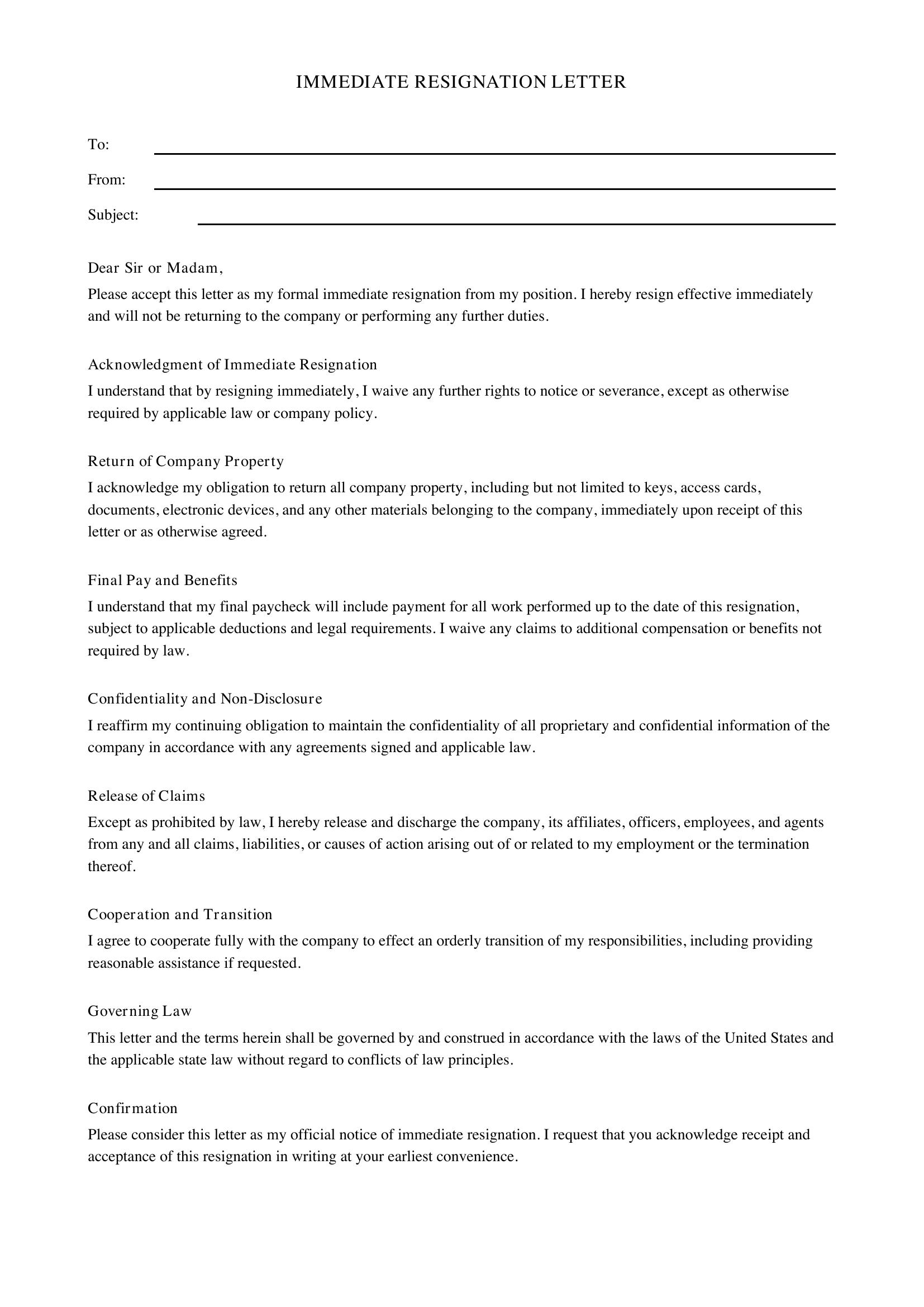 Immediate Resignation Template