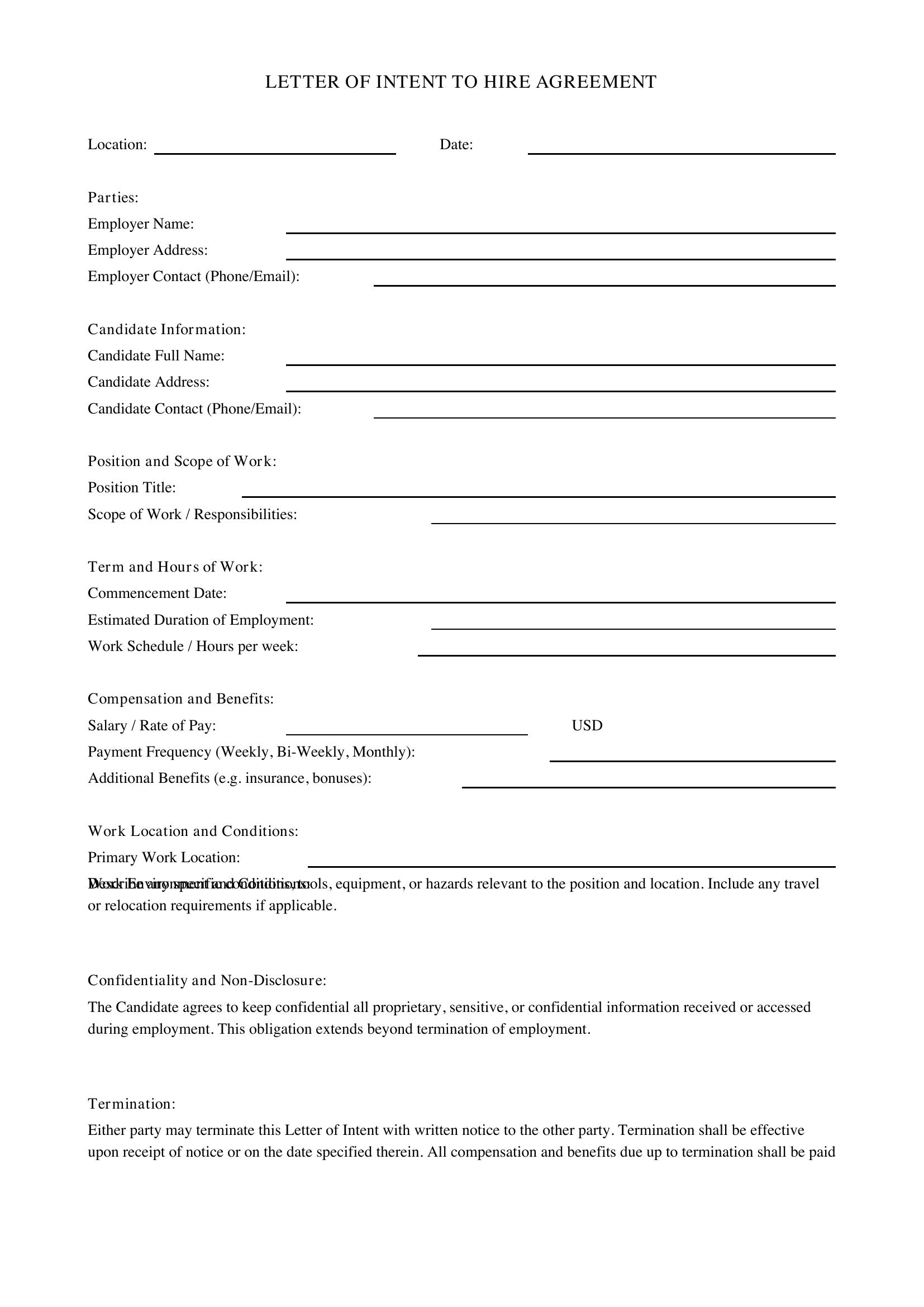 Letter Of Intent To Hire Template