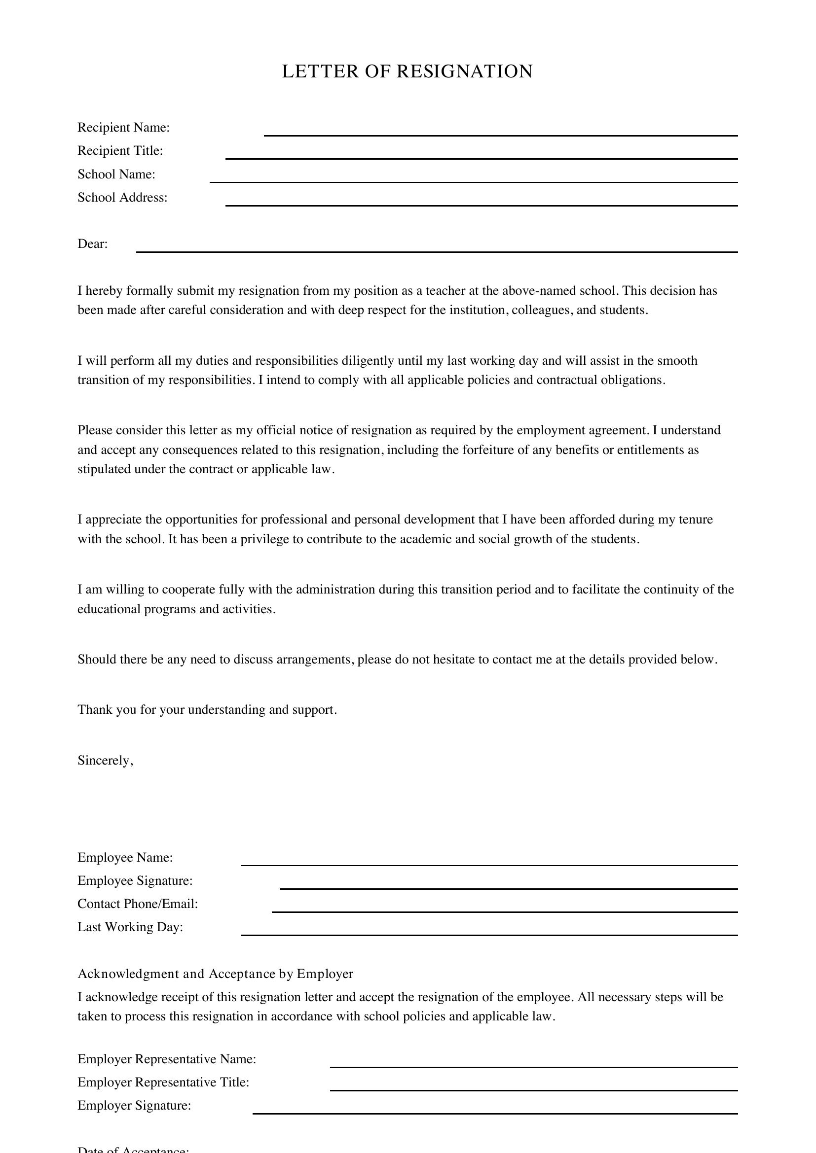 Letter Of Resignation Teacher Template