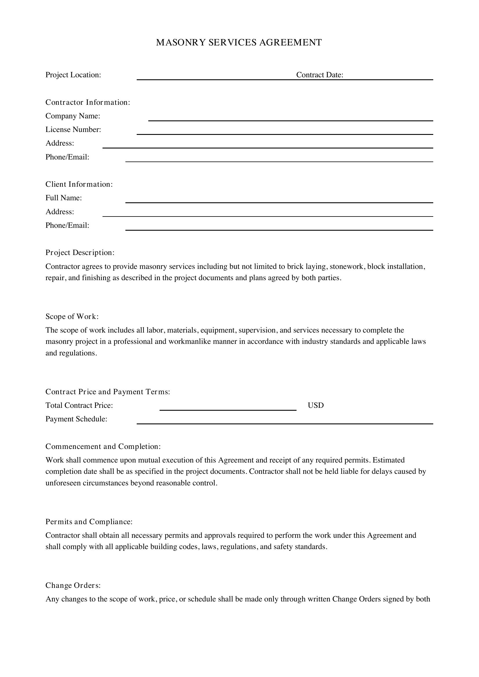 Masonry Contract Template