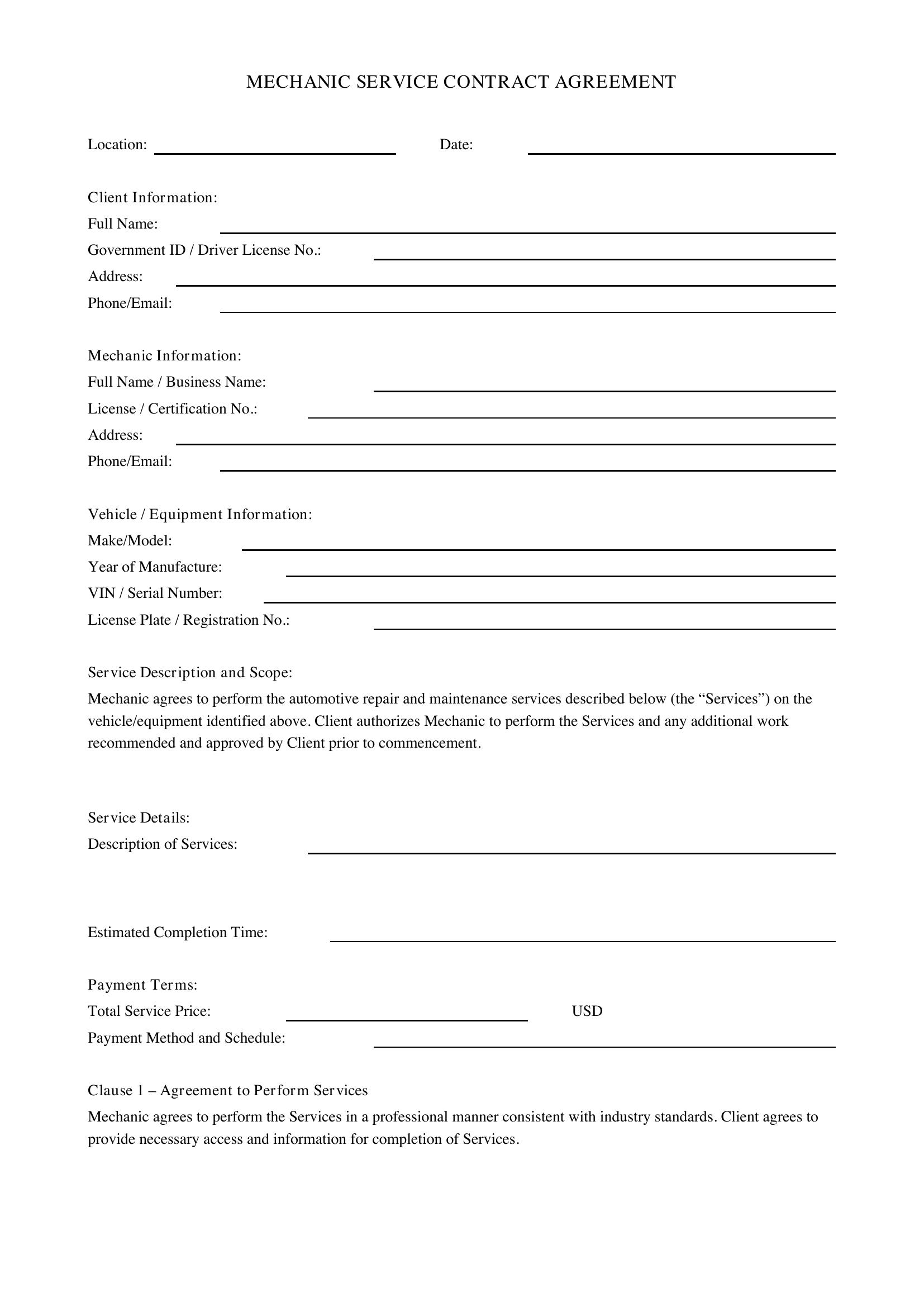 Mechanic Contract Template