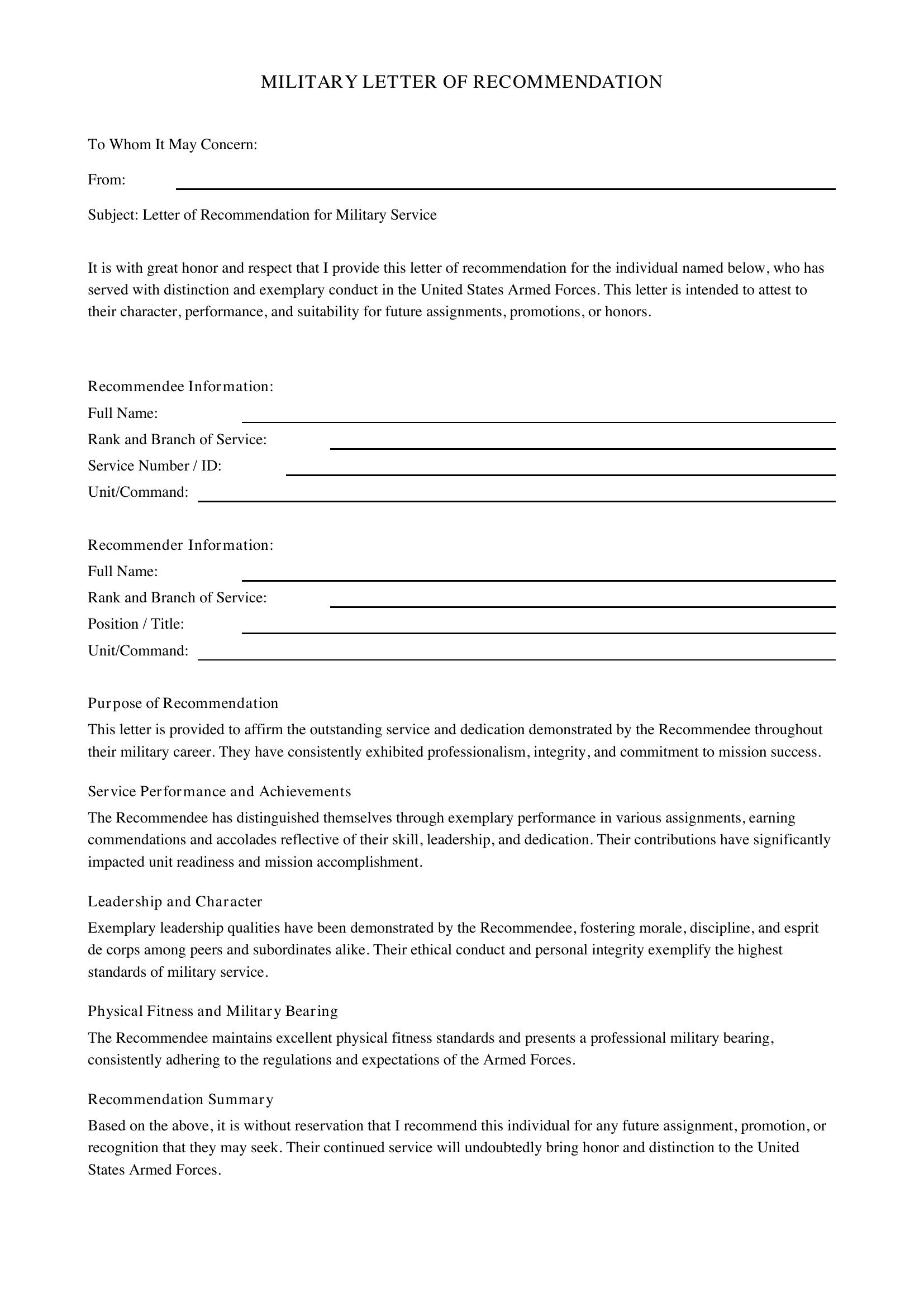 Military Letter Of Recommendation Template