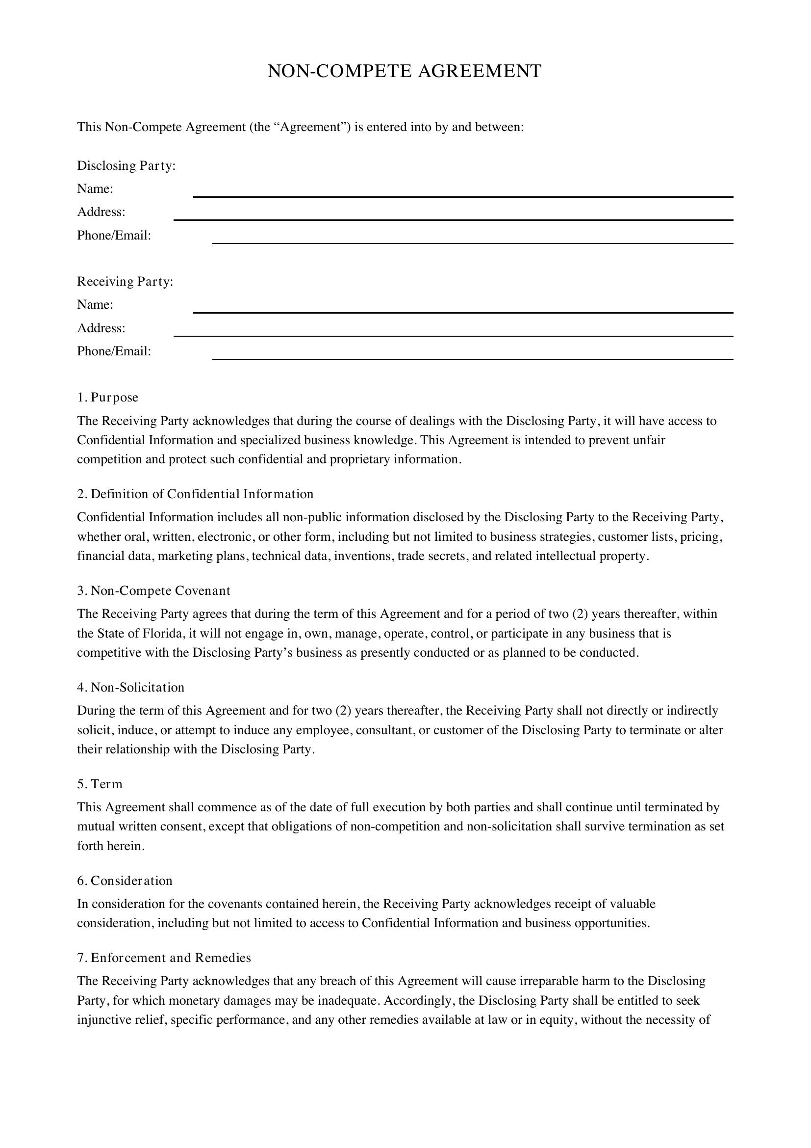 Non Compete Agreement Florida Template
