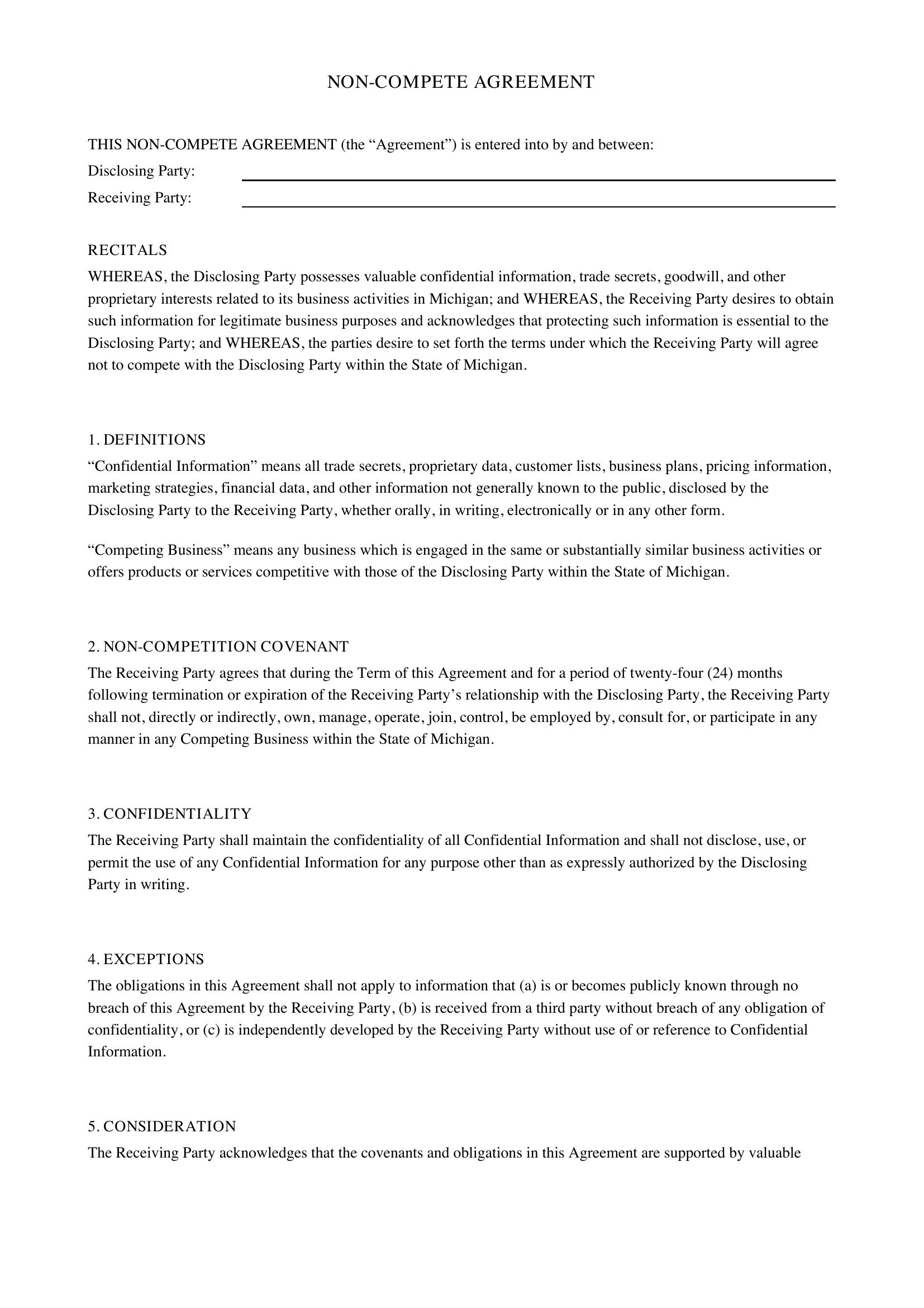 Non Compete Agreement Michigan Template