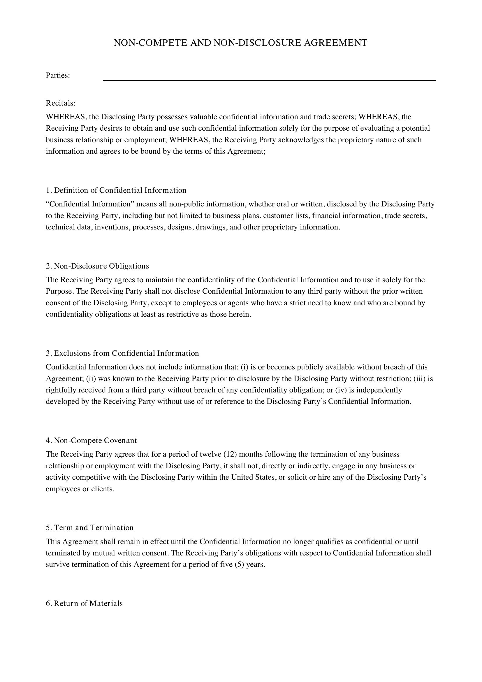 Non Compete Non Disclosure Agreement Template