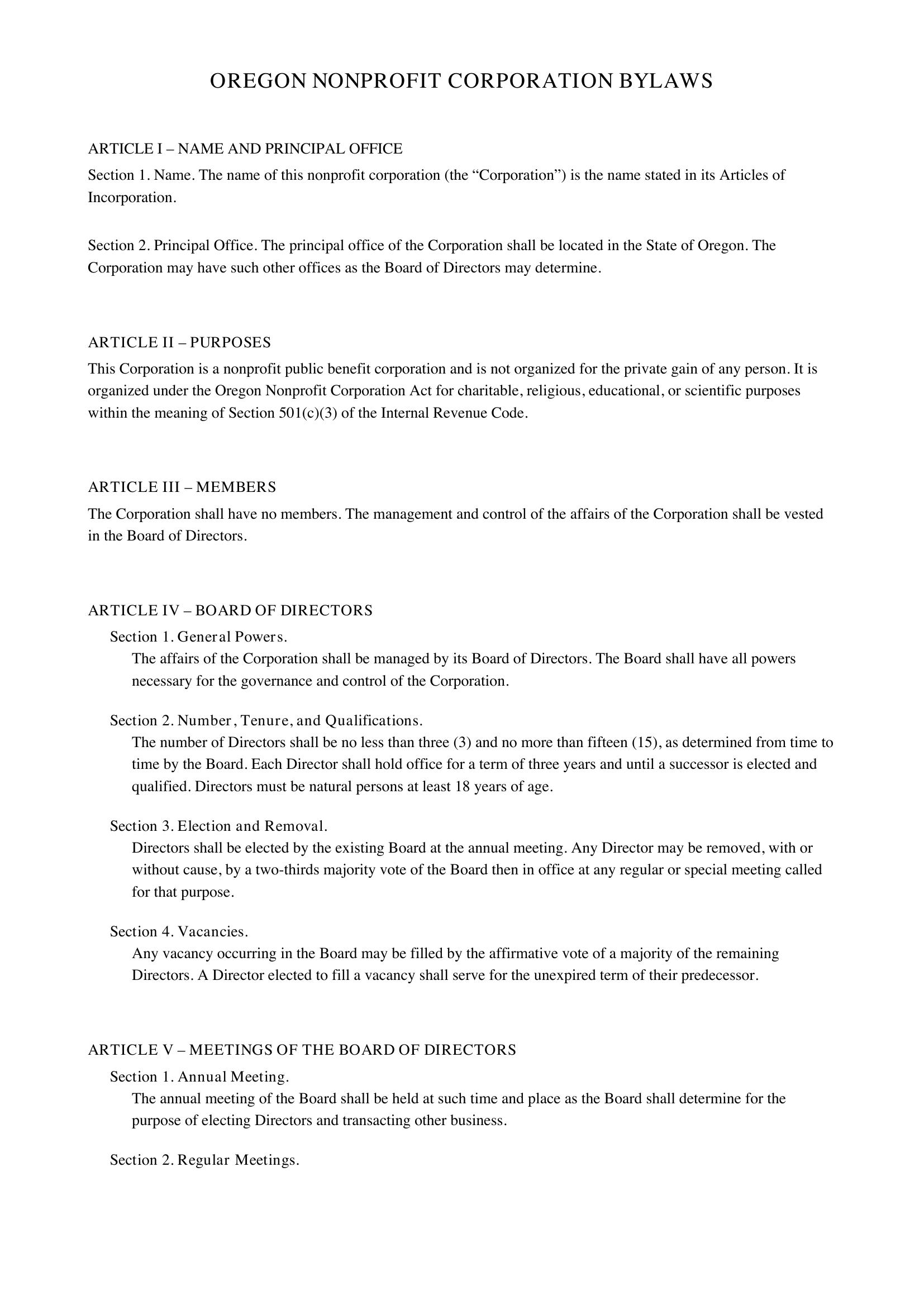 Oregon Nonprofit Bylaws Template