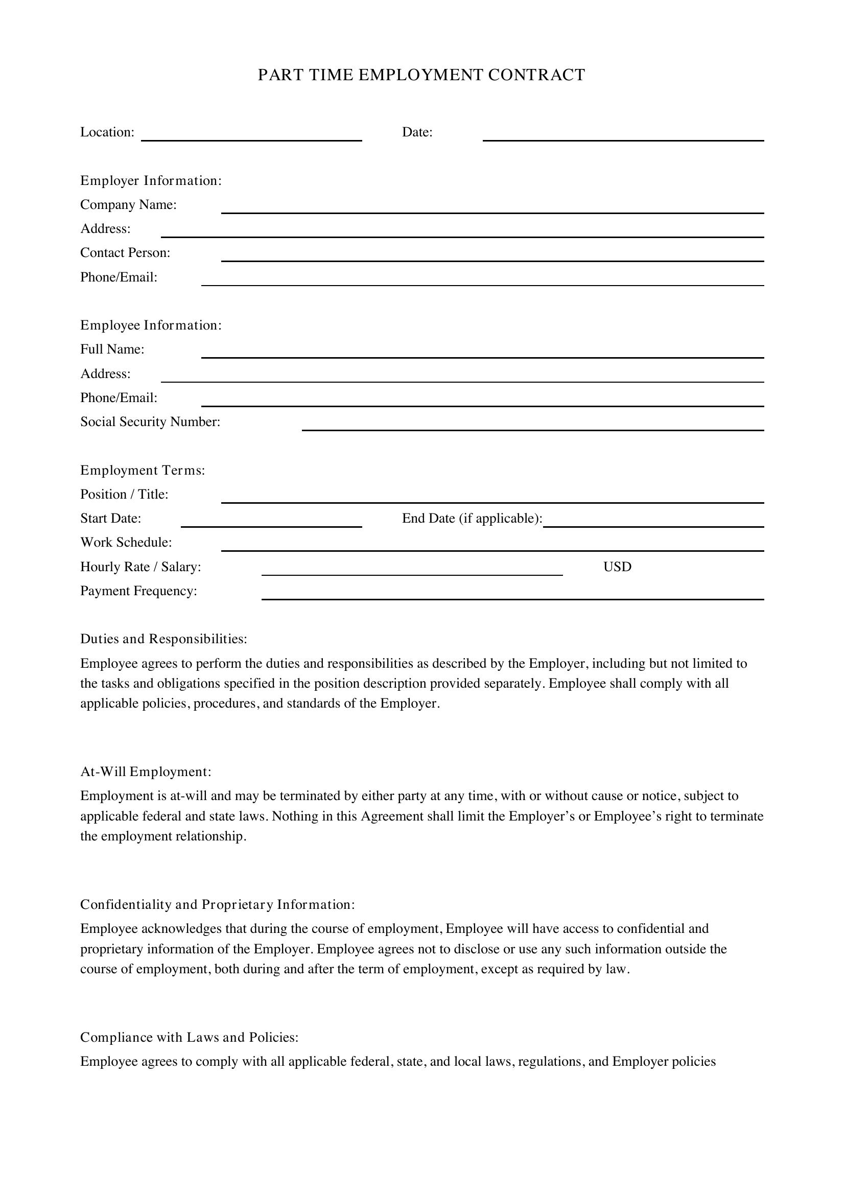 Part Time Employment Contract Template
