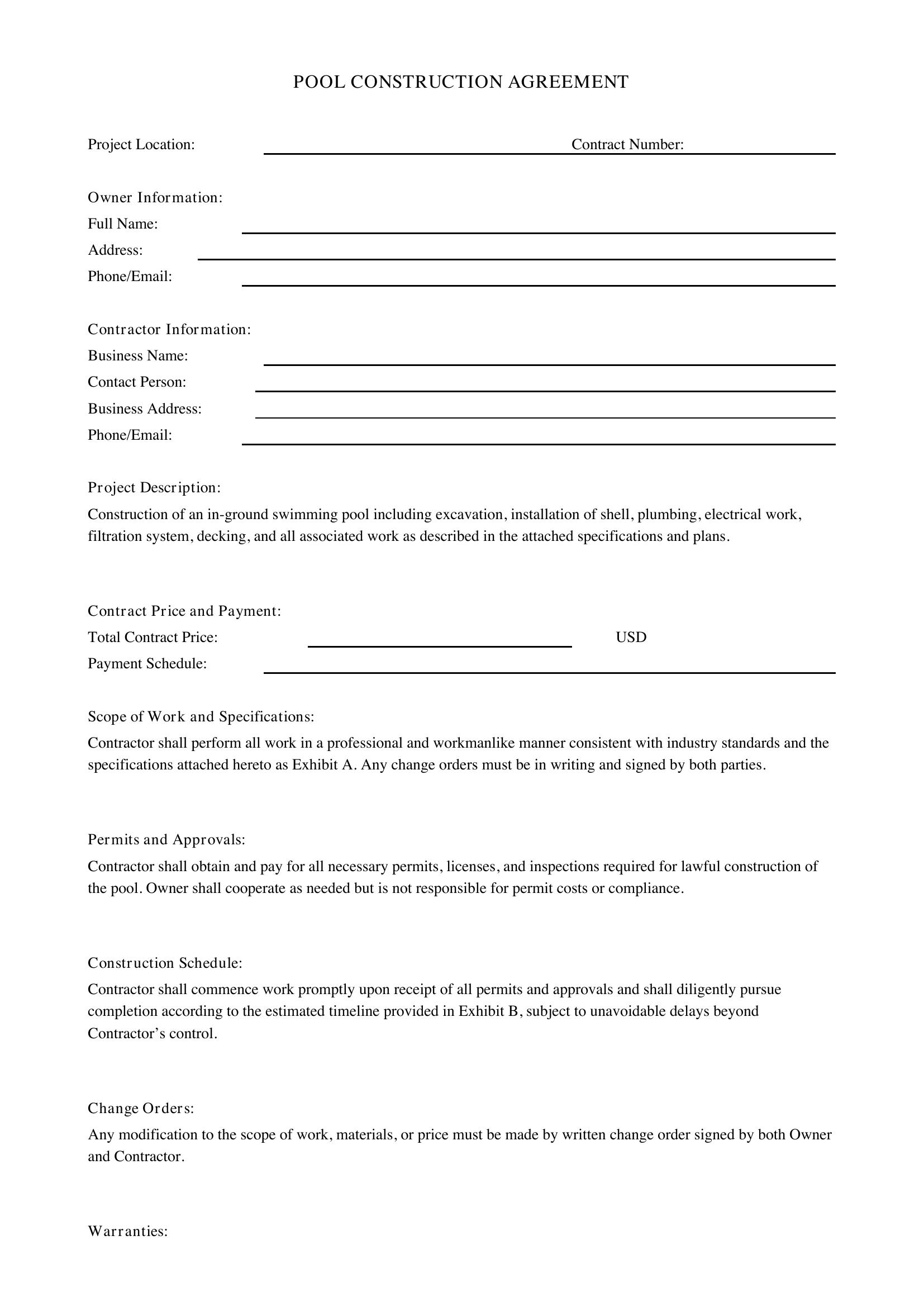 Pool Construction Contract Template