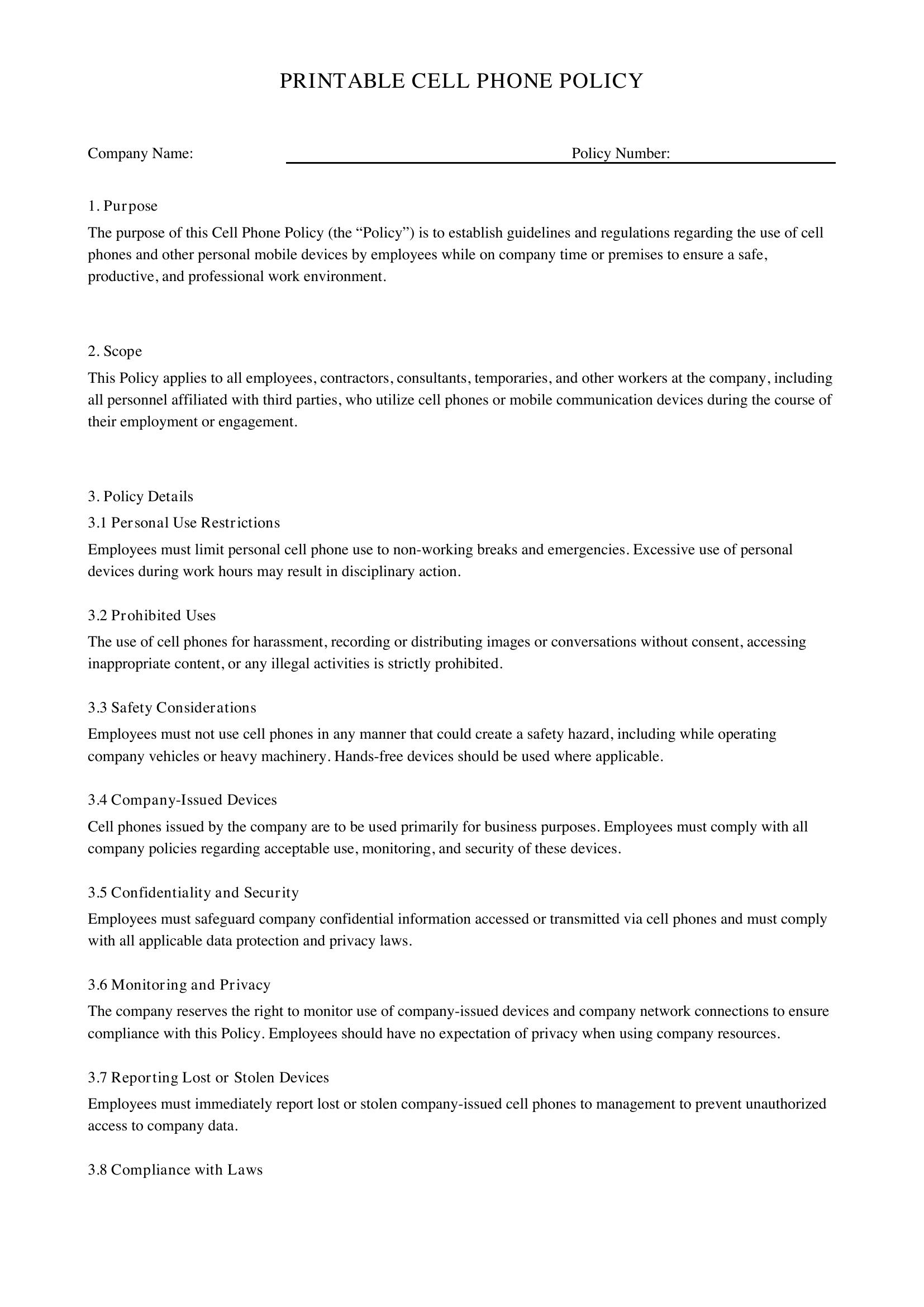 Printable Cell Phone Policy Template