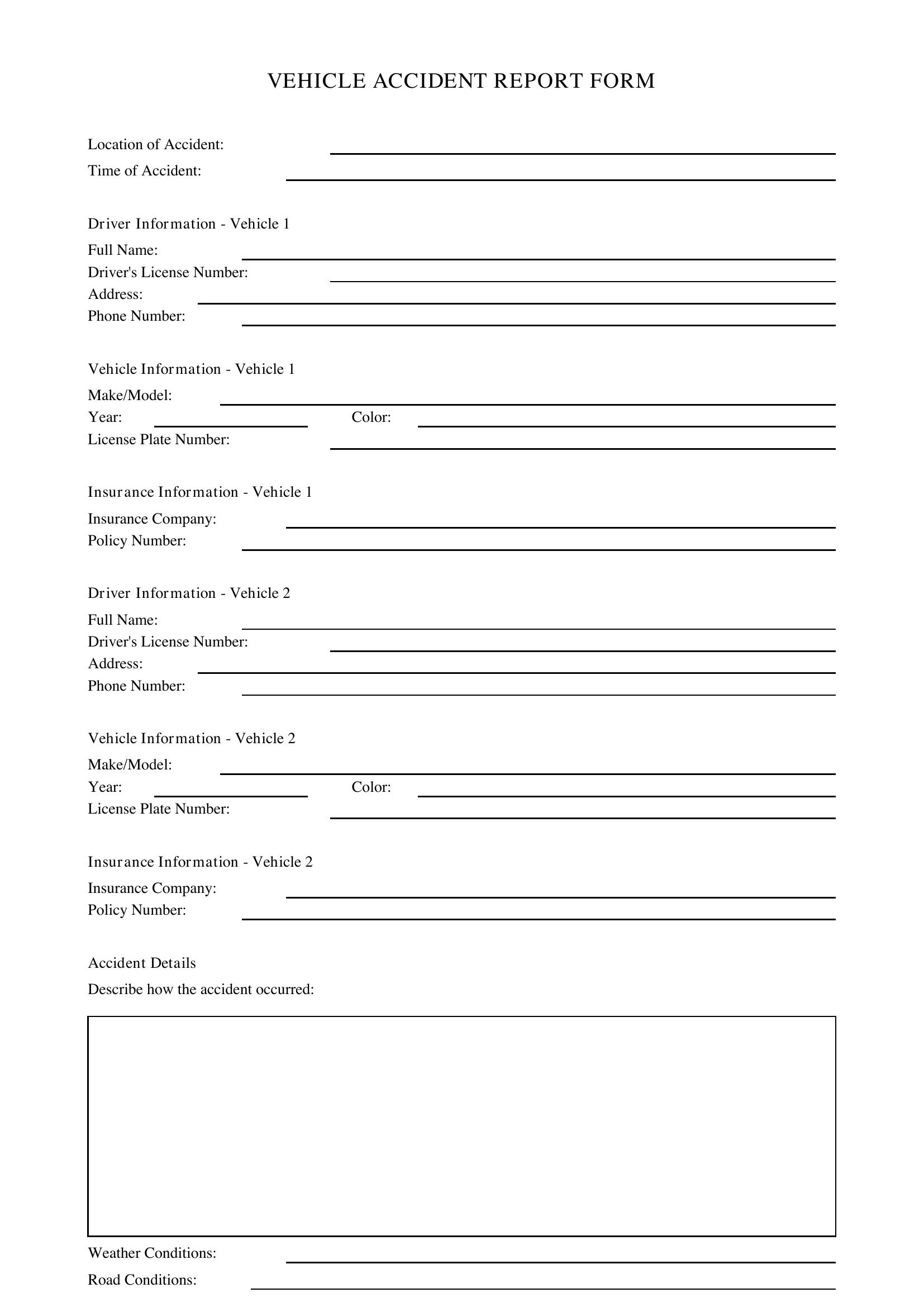 Printable Vehicle Accident Report Form Template