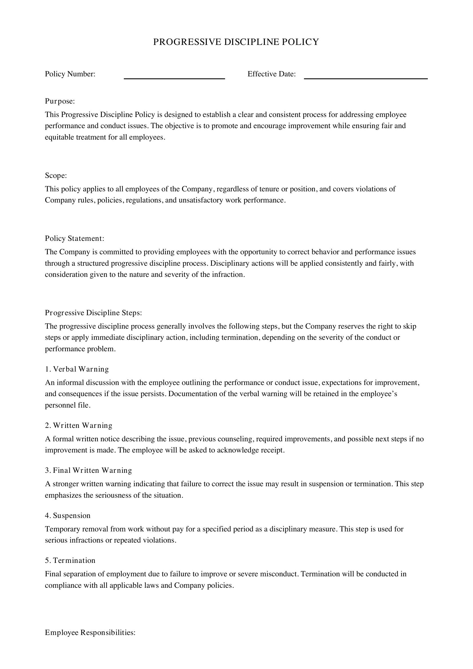 Progressive Discipline Policy Template
