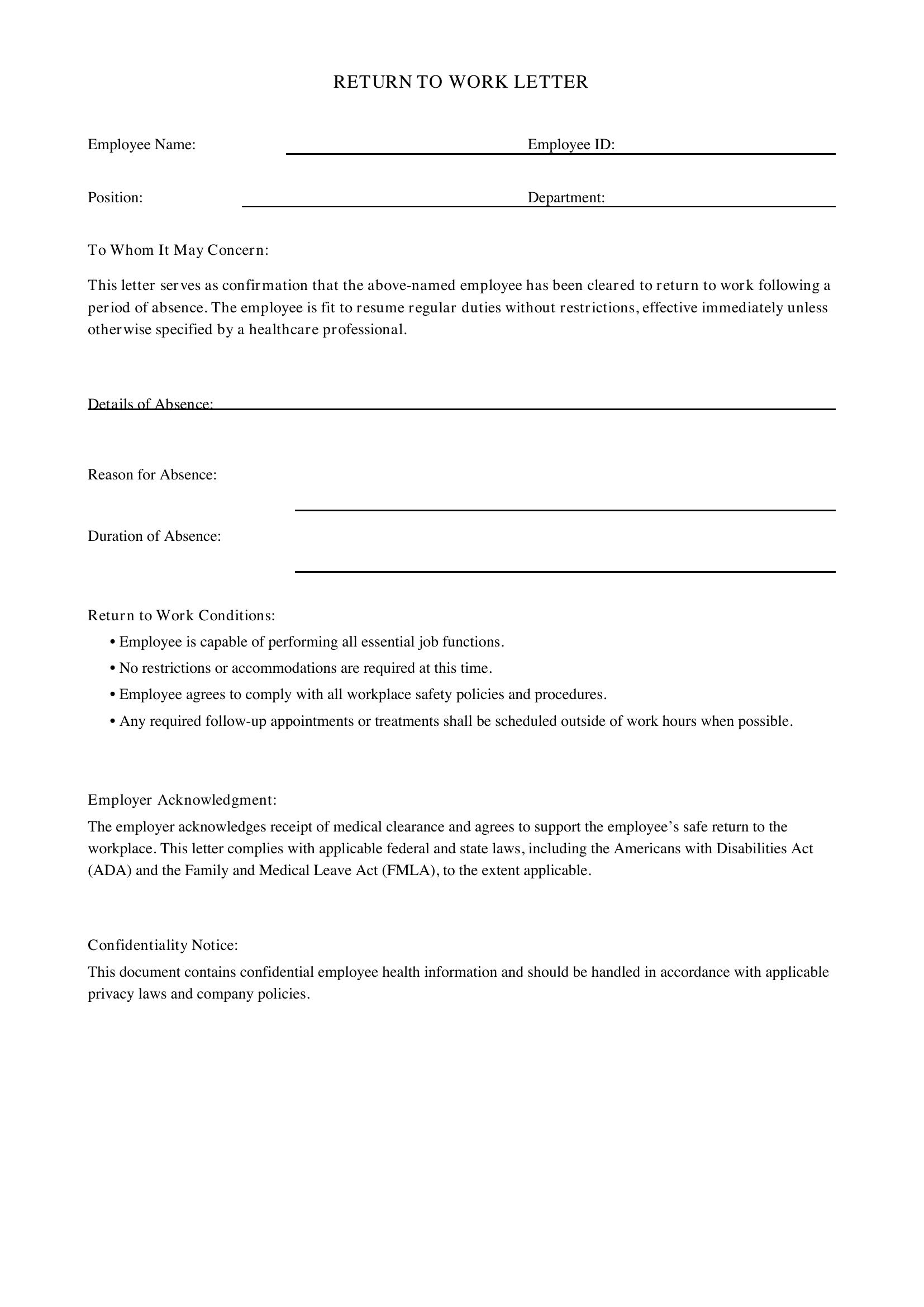 Return To Work Letter Template