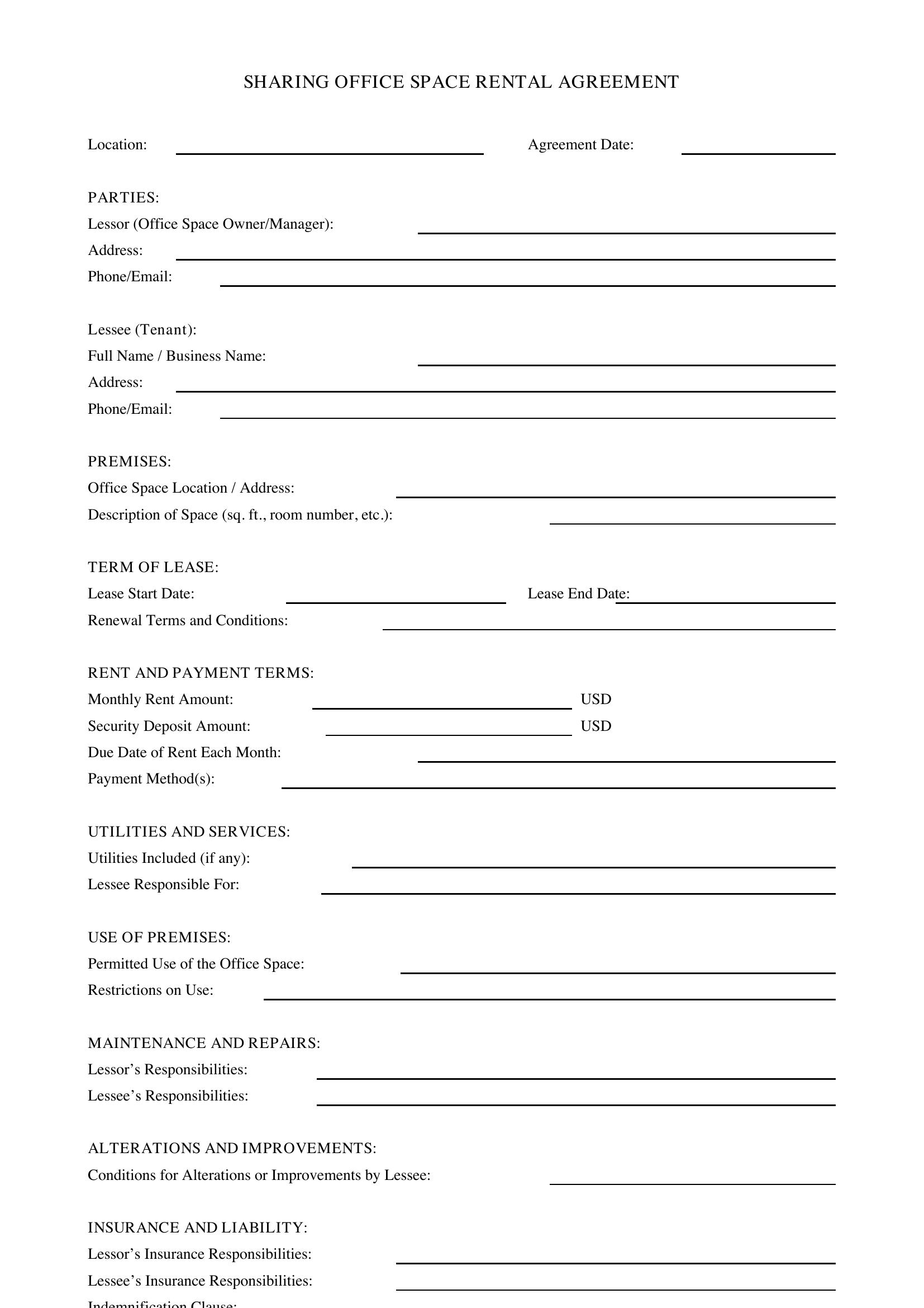 Sharing Office Space Rental Agreement Template