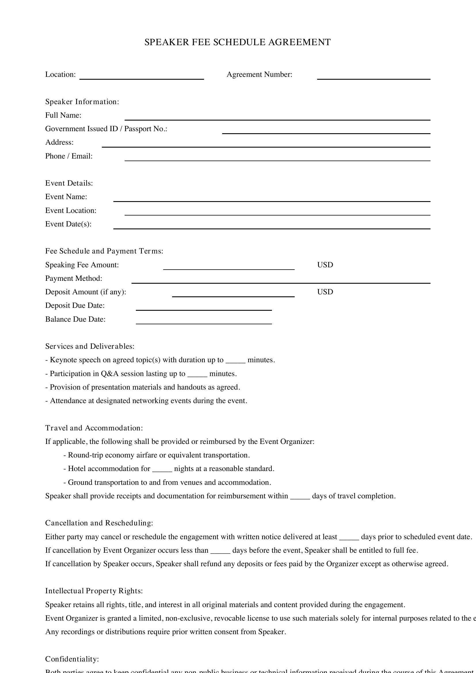 Speaker Fee Schedule Template