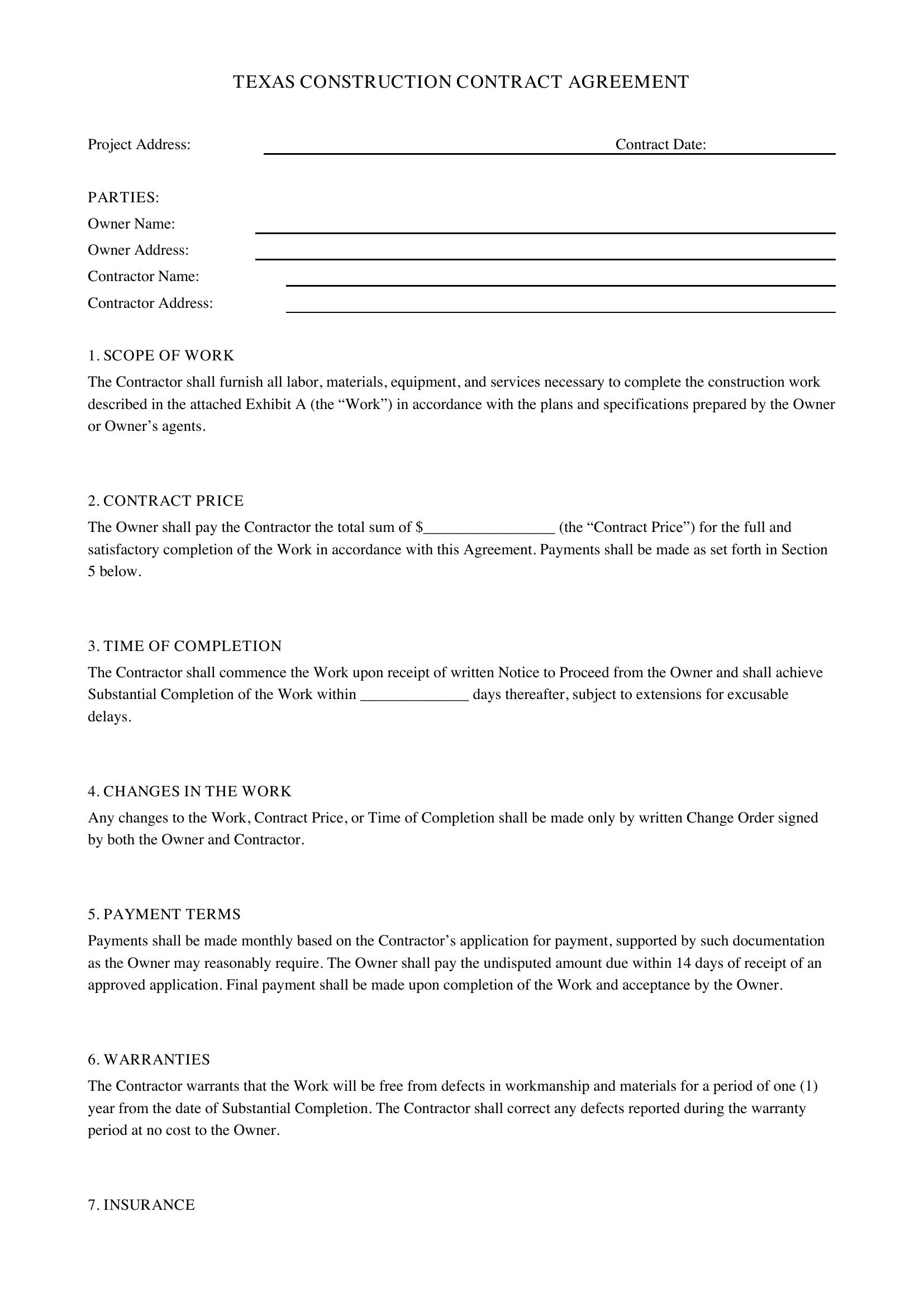 Texas Construction Contract Template