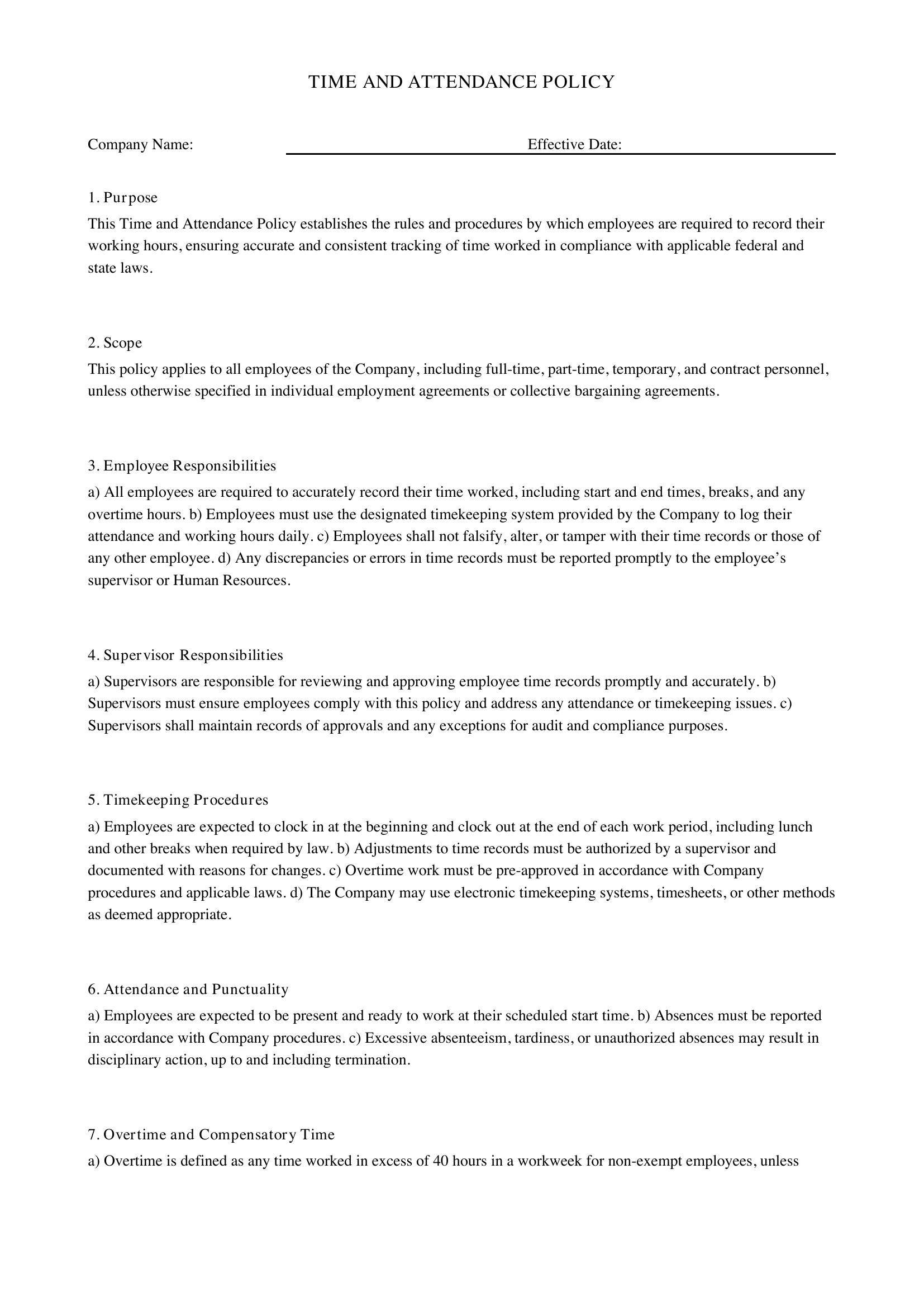 Time And Attendance Policy Template