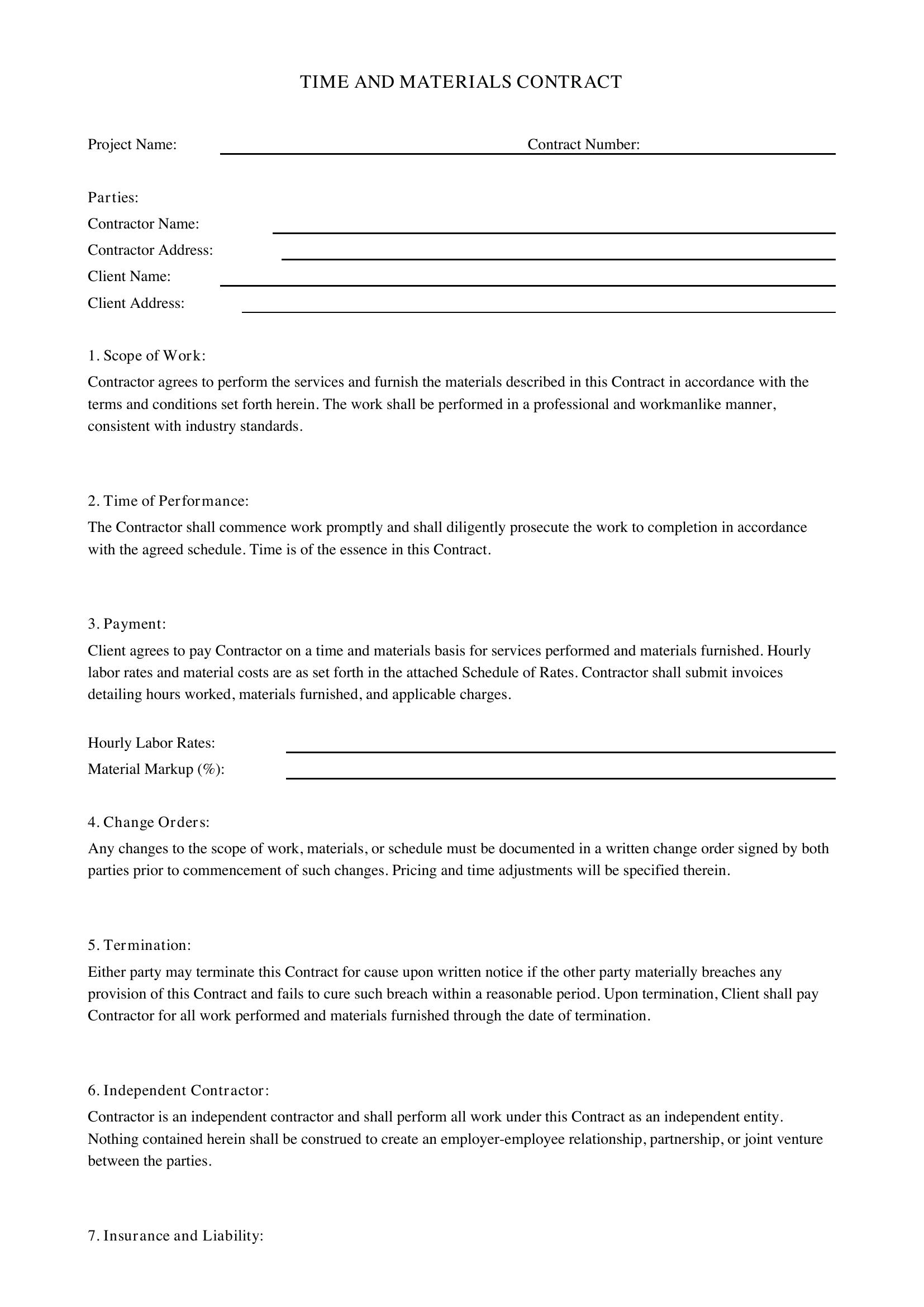 Time And Materials Contract Template