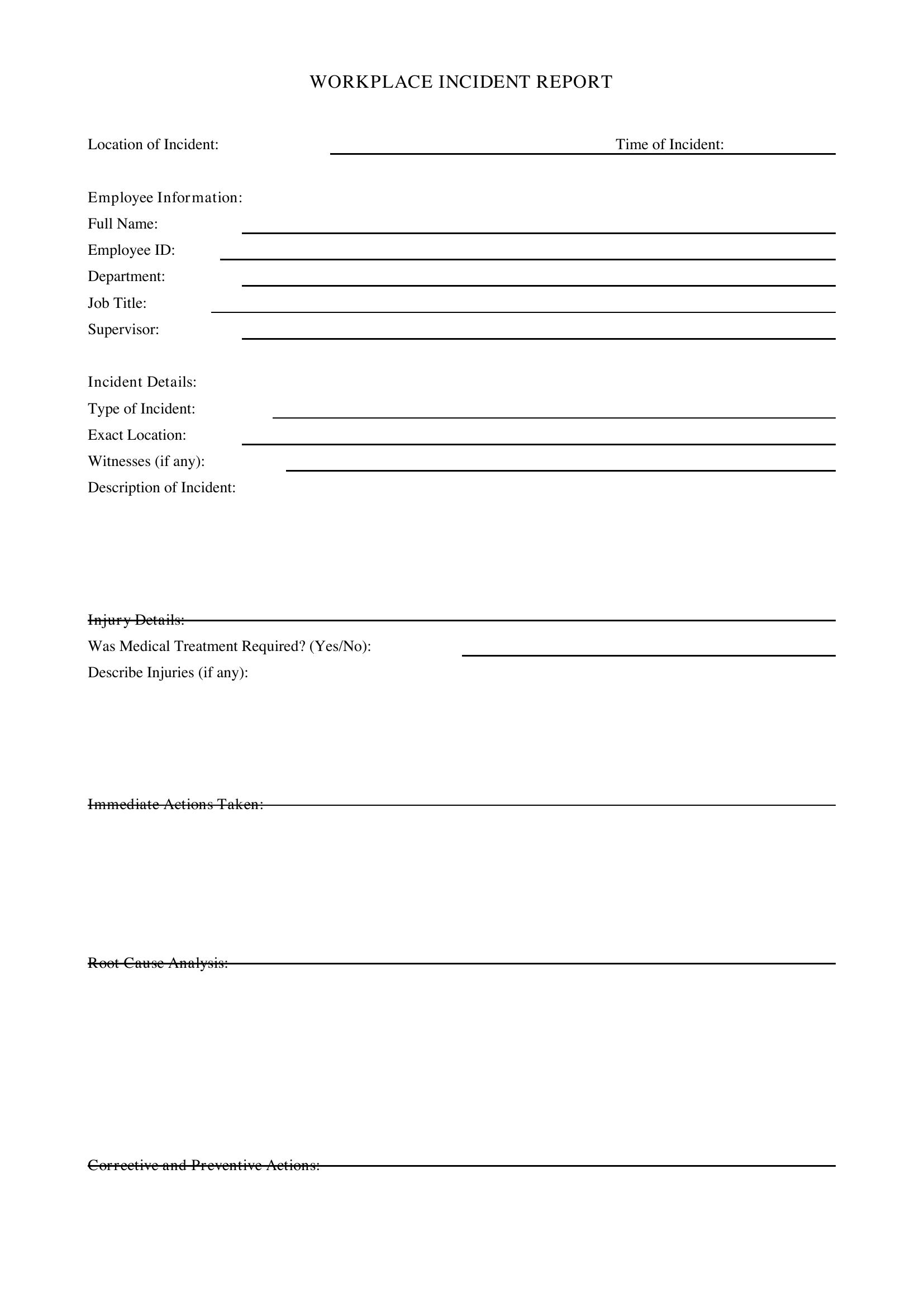 Workplace Incident Report Template